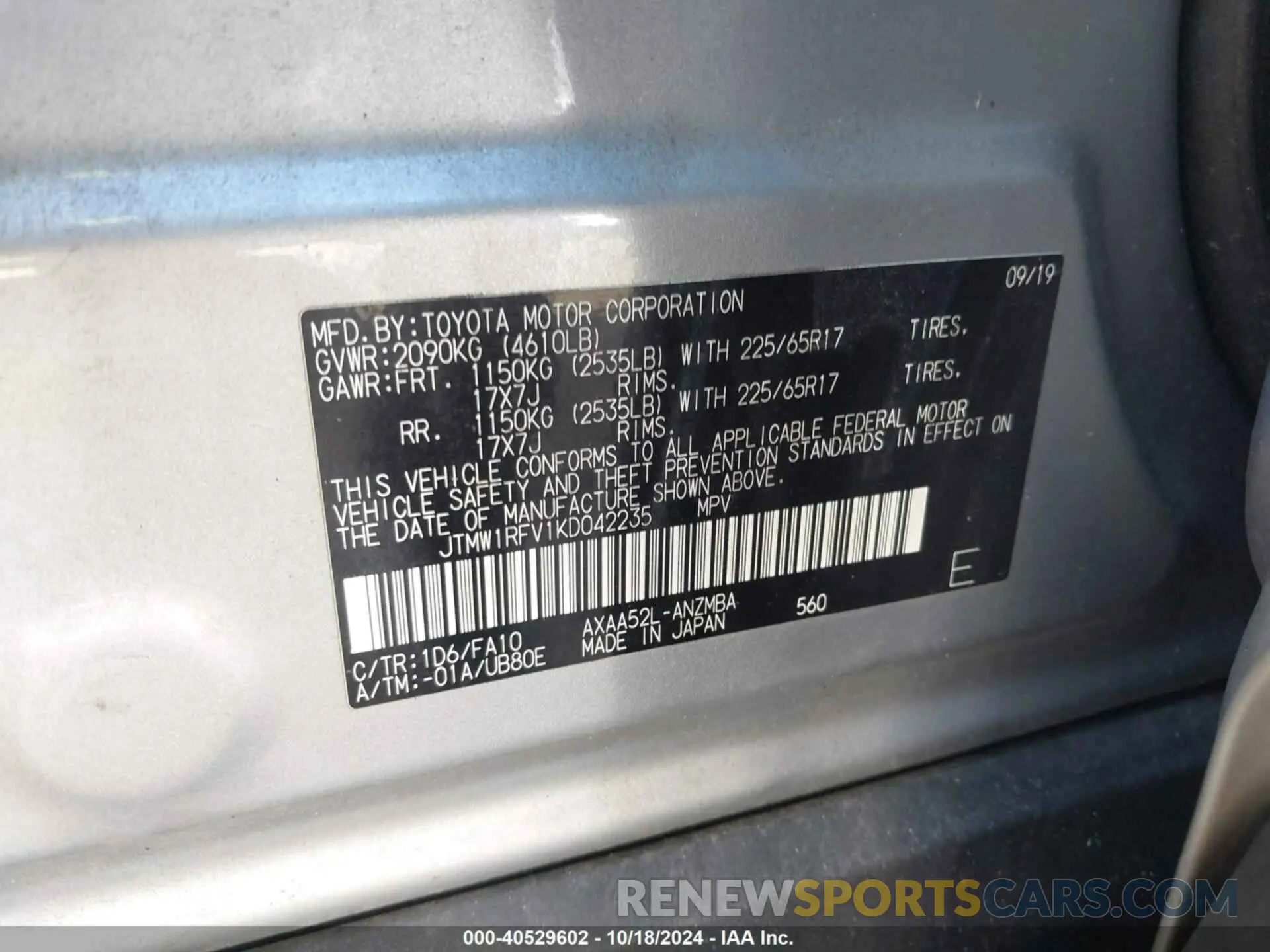 9 Фотография поврежденного автомобиля JTMW1RFV1KD042235 TOYOTA RAV4 2019