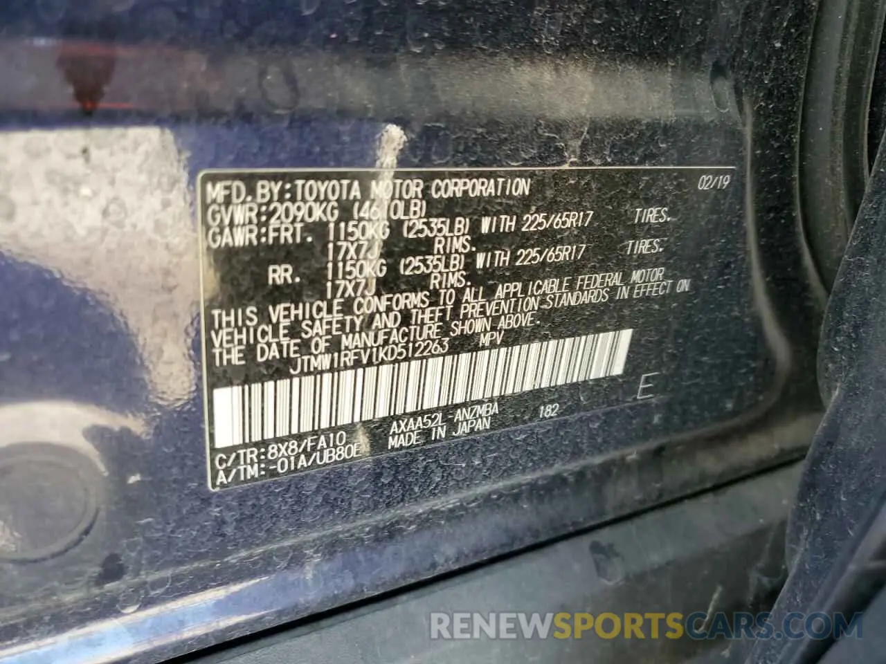 14 Photograph of a damaged car JTMW1RFV1KD512263 TOYOTA RAV4 2019