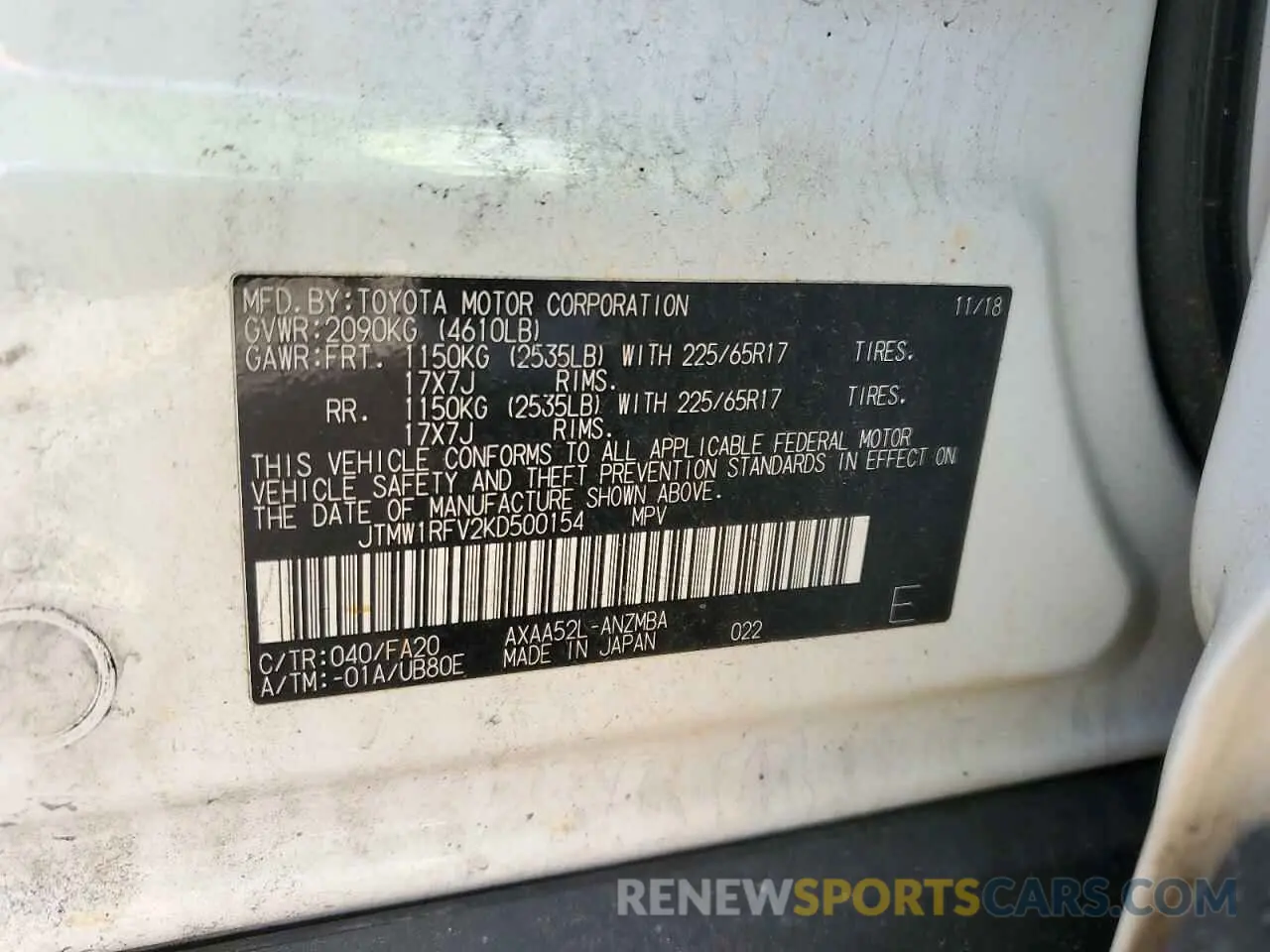 12 Фотография поврежденного автомобиля JTMW1RFV2KD500154 TOYOTA RAV4 2019