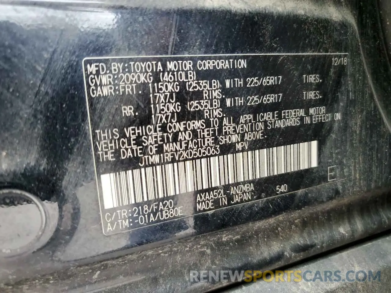 13 Photograph of a damaged car JTMW1RFV2KD505063 TOYOTA RAV4 2019