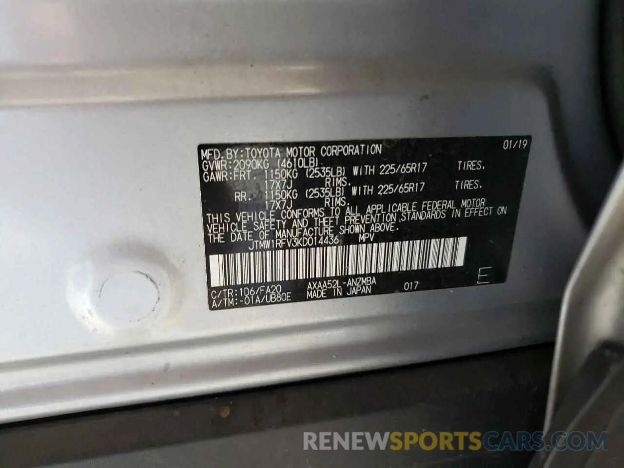 13 Фотография поврежденного автомобиля JTMW1RFV3KD014436 TOYOTA RAV4 2019