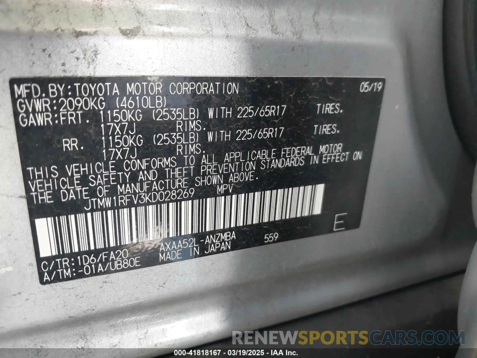 9 Photograph of a damaged car JTMW1RFV3KD028269 TOYOTA RAV4 2019