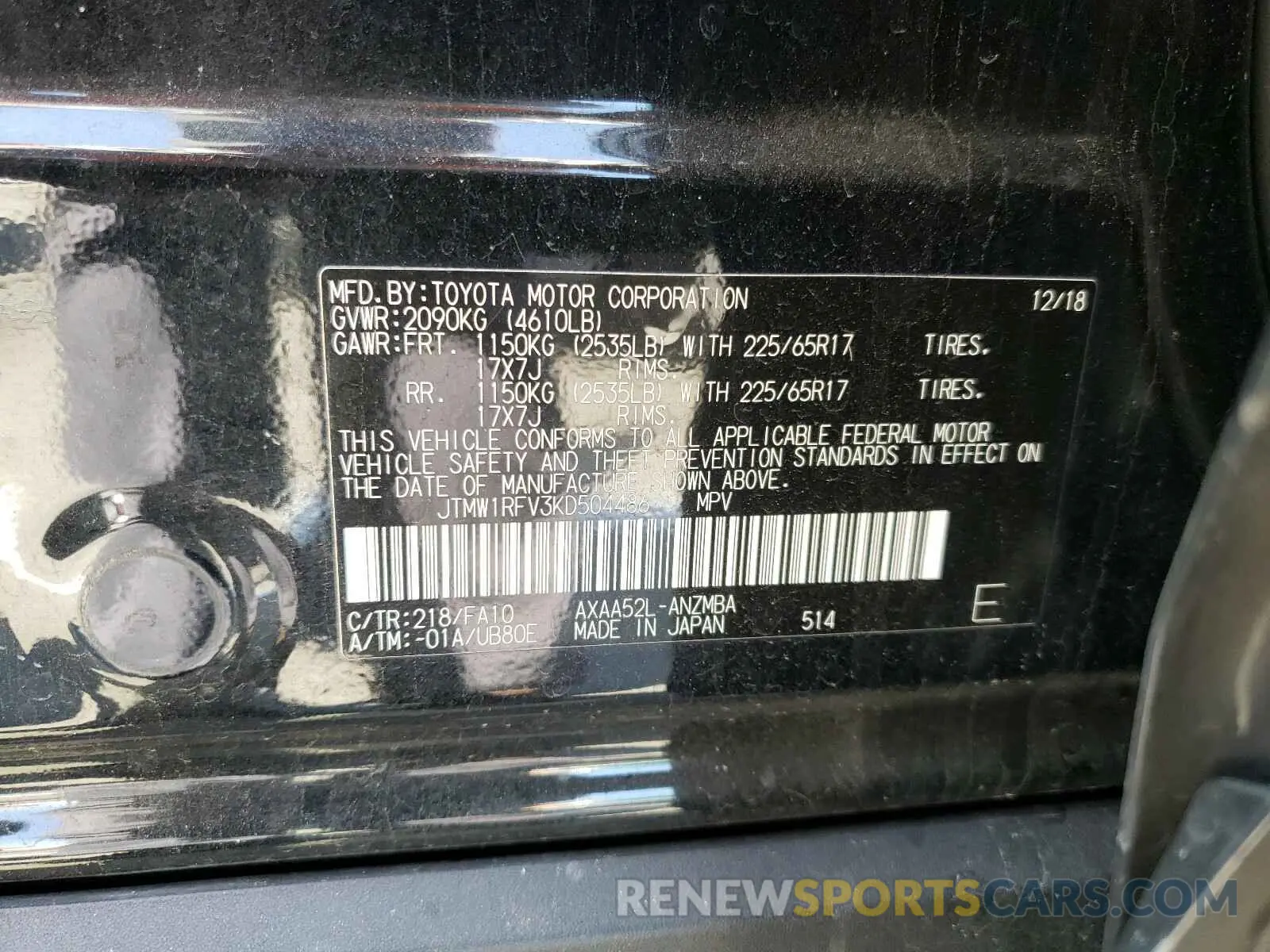 10 Photograph of a damaged car JTMW1RFV3KD504486 TOYOTA RAV4 2019