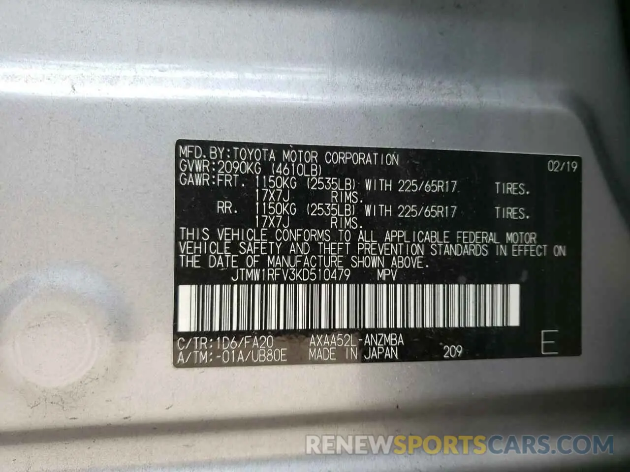 10 Photograph of a damaged car JTMW1RFV3KD510479 TOYOTA RAV4 2019