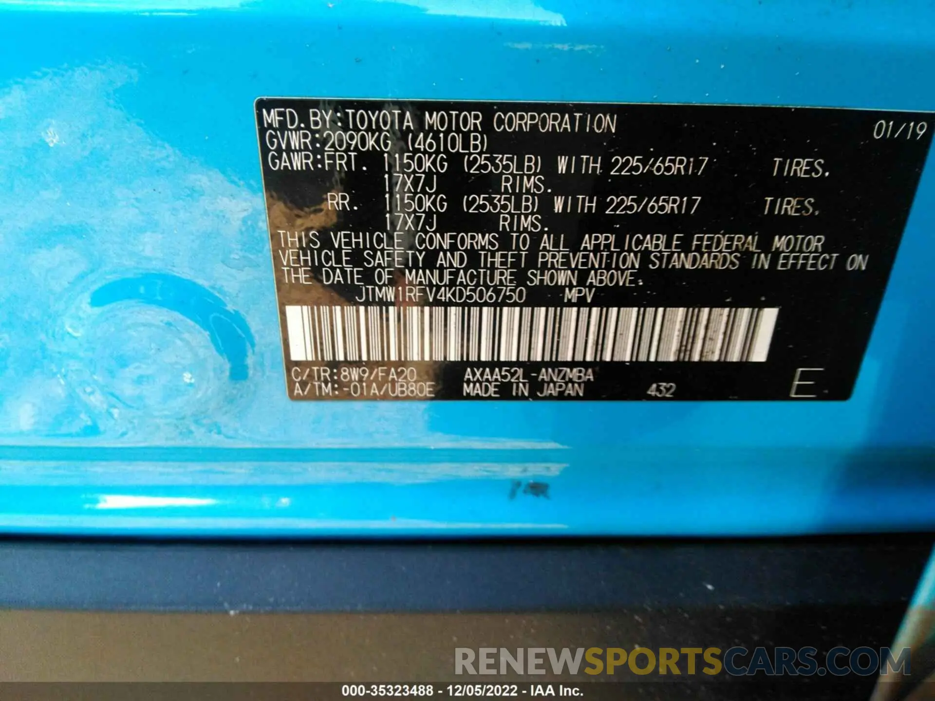 9 Фотография поврежденного автомобиля JTMW1RFV4KD506750 TOYOTA RAV4 2019
