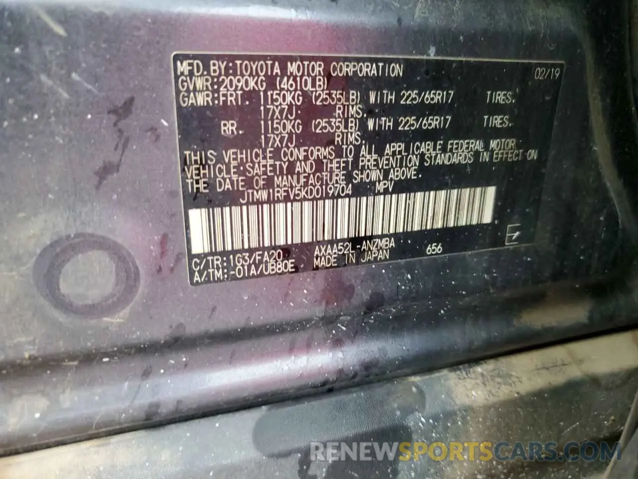 13 Фотография поврежденного автомобиля JTMW1RFV5KD019704 TOYOTA RAV4 2019