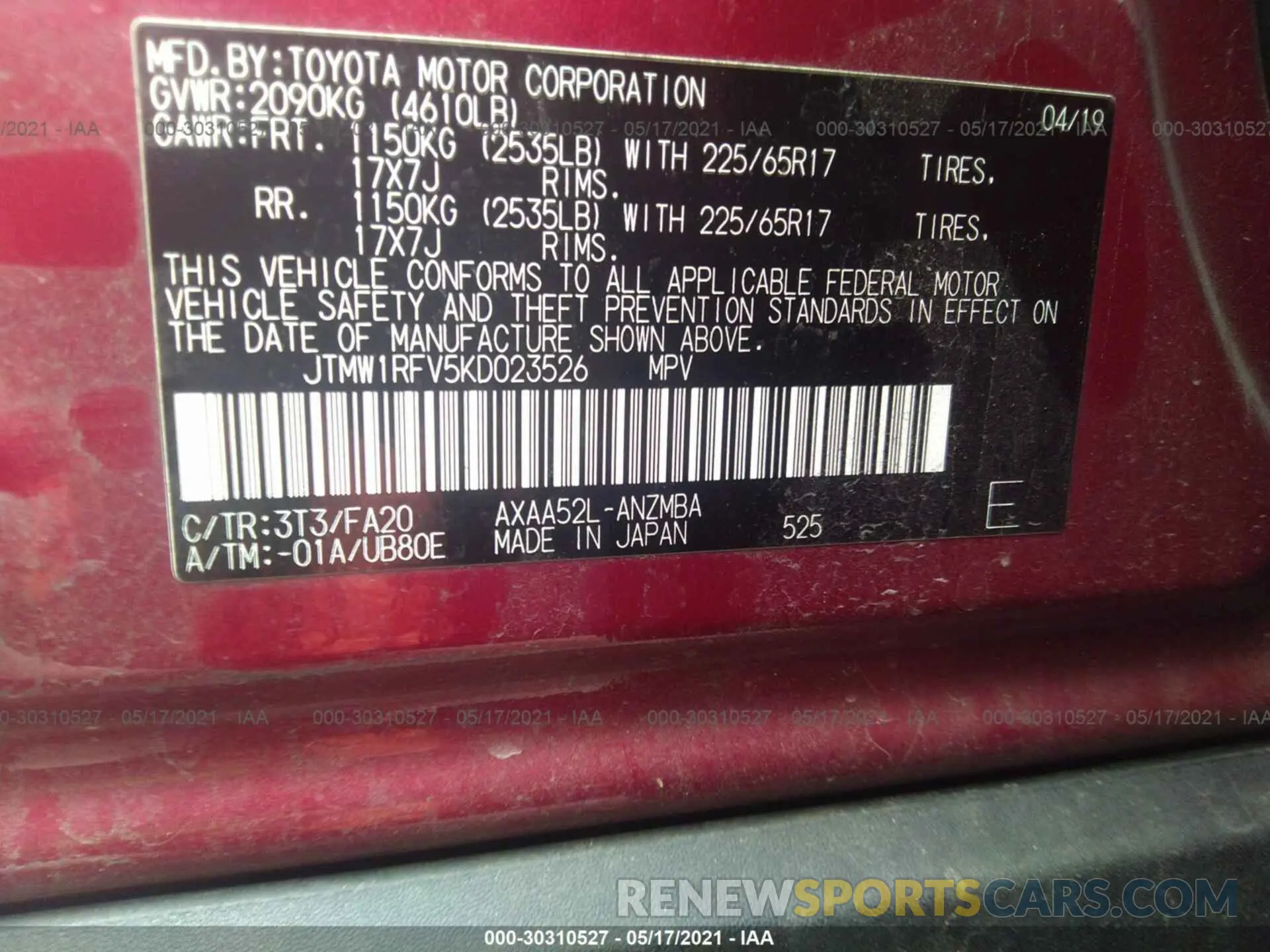 9 Photograph of a damaged car JTMW1RFV5KD023526 TOYOTA RAV4 2019
