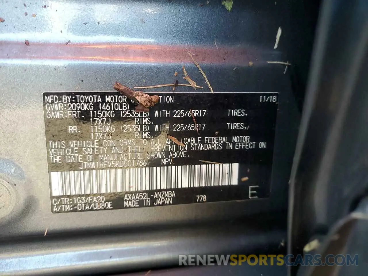 14 Фотография поврежденного автомобиля JTMW1RFV5KD501766 TOYOTA RAV4 2019