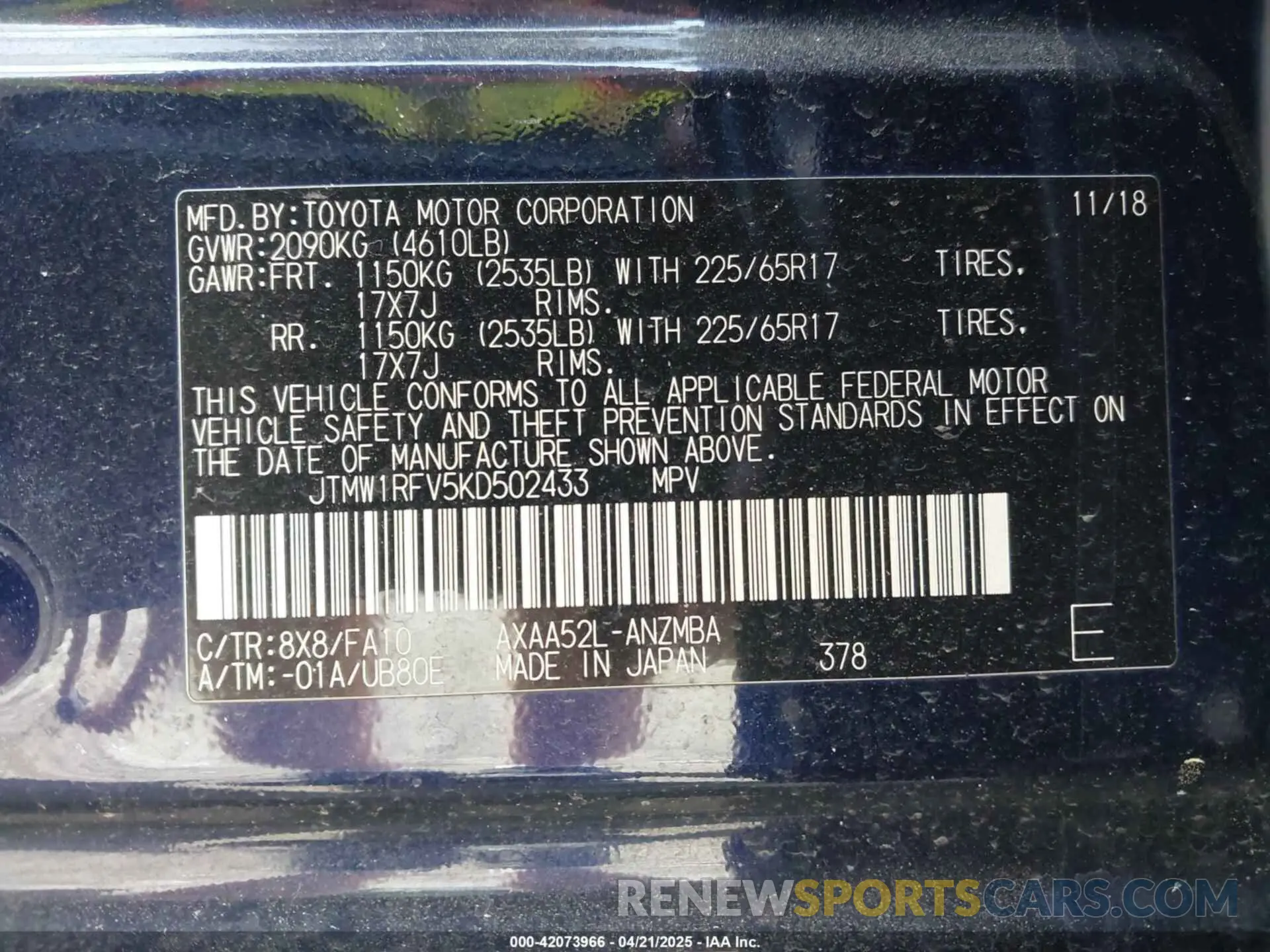 9 Photograph of a damaged car JTMW1RFV5KD502433 TOYOTA RAV4 2019