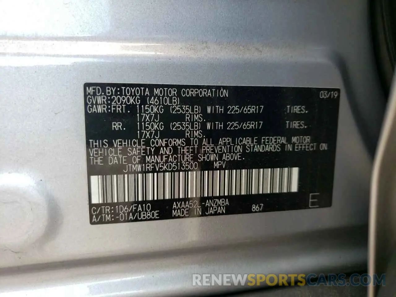 10 Фотография поврежденного автомобиля JTMW1RFV5KD513500 TOYOTA RAV4 2019
