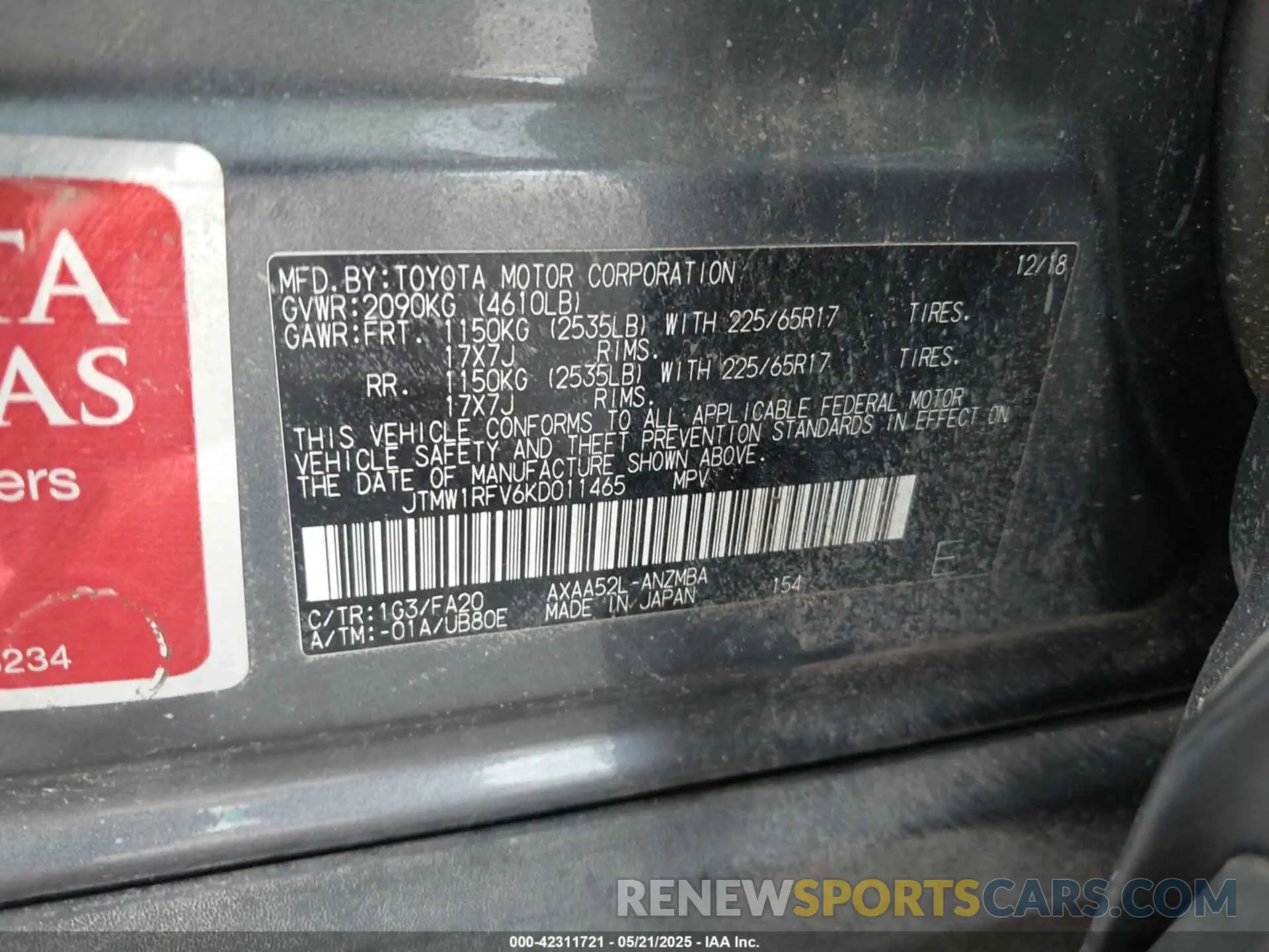 9 Фотография поврежденного автомобиля JTMW1RFV6KD011465 TOYOTA RAV4 2019