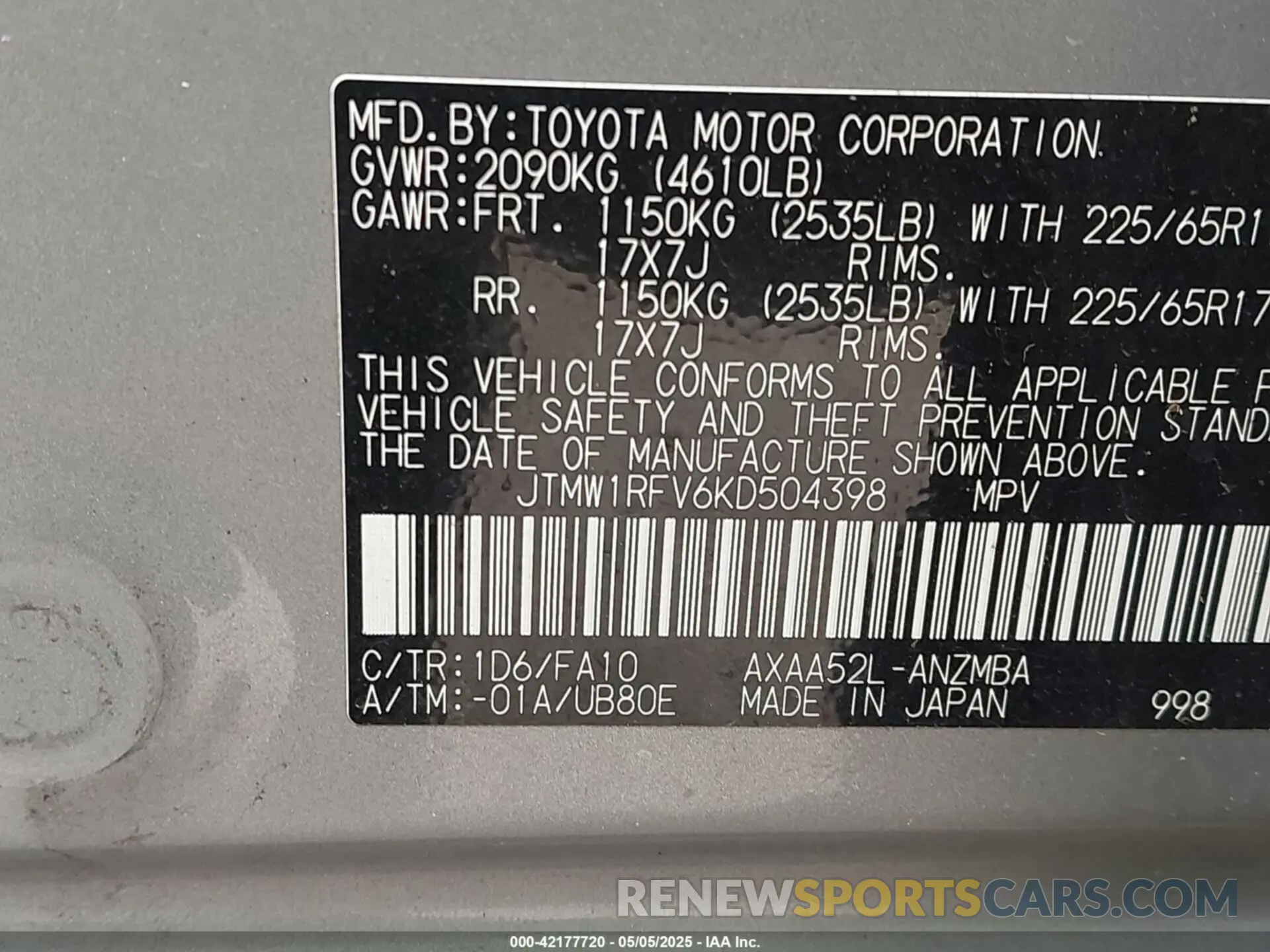 9 Photograph of a damaged car JTMW1RFV6KD504398 TOYOTA RAV4 2019