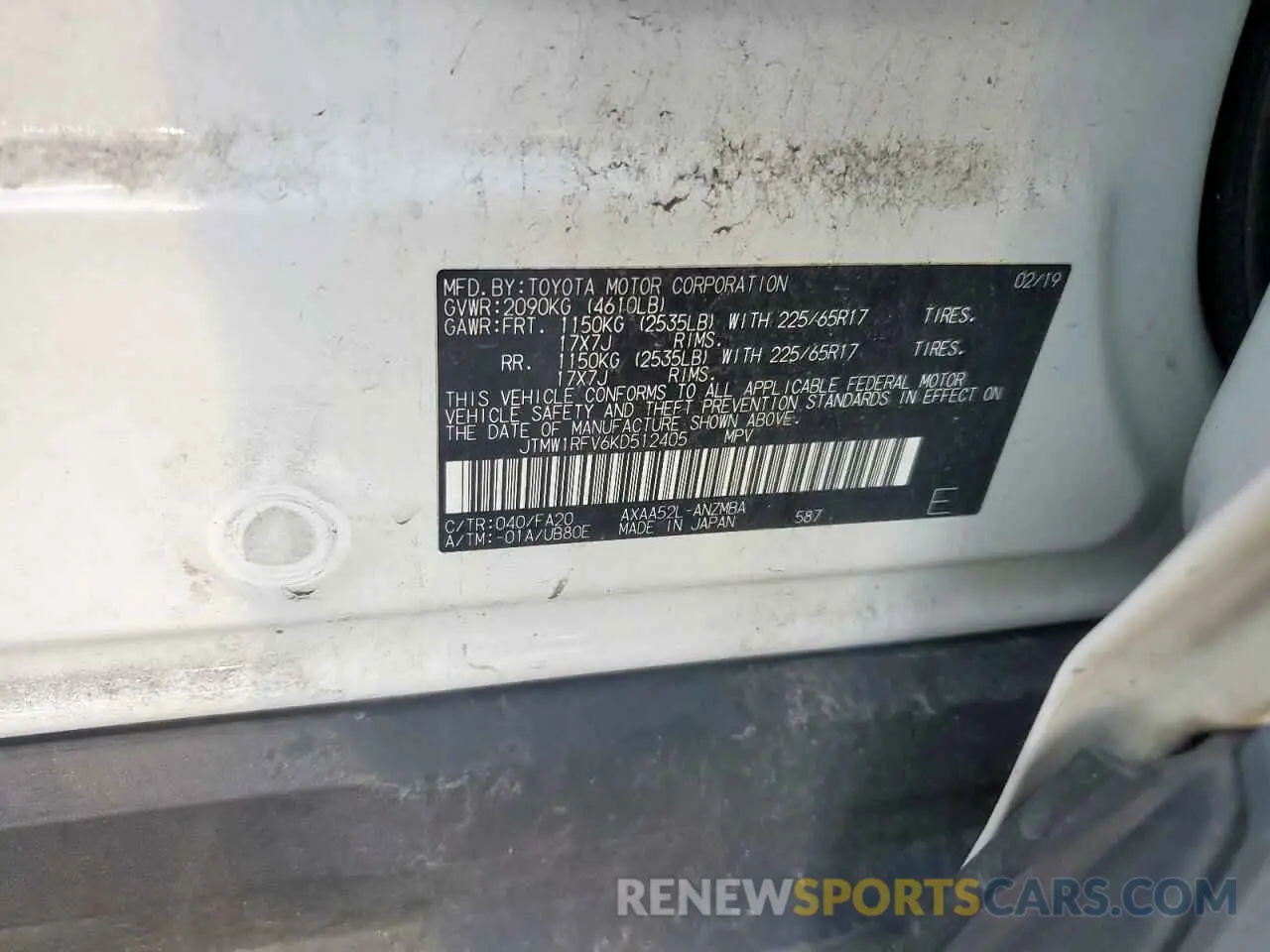 13 Photograph of a damaged car JTMW1RFV6KD512405 TOYOTA RAV4 2019