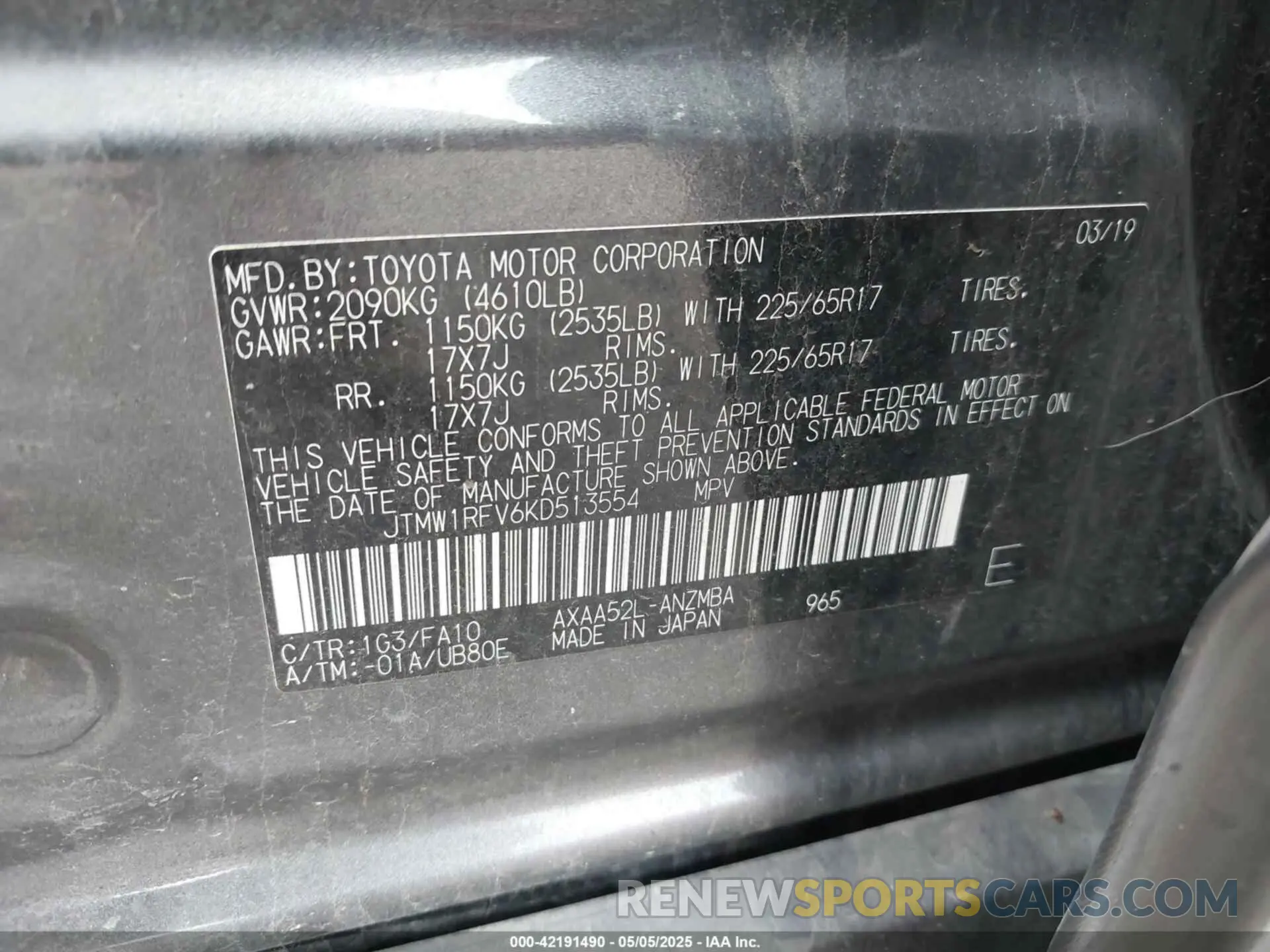 9 Фотография поврежденного автомобиля JTMW1RFV6KD513554 TOYOTA RAV4 2019
