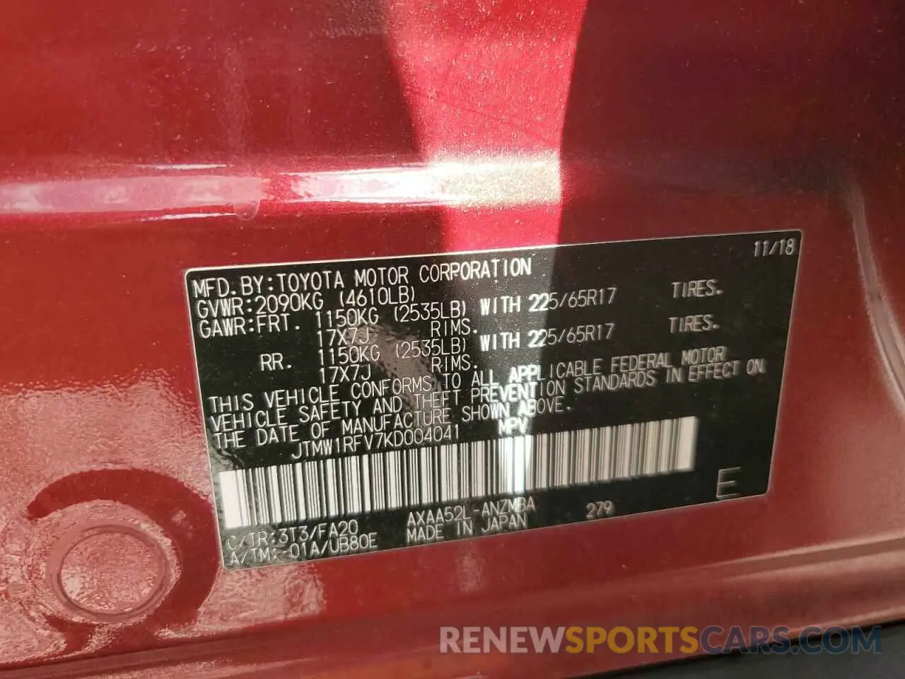 13 Photograph of a damaged car JTMW1RFV7KD004041 TOYOTA RAV4 2019