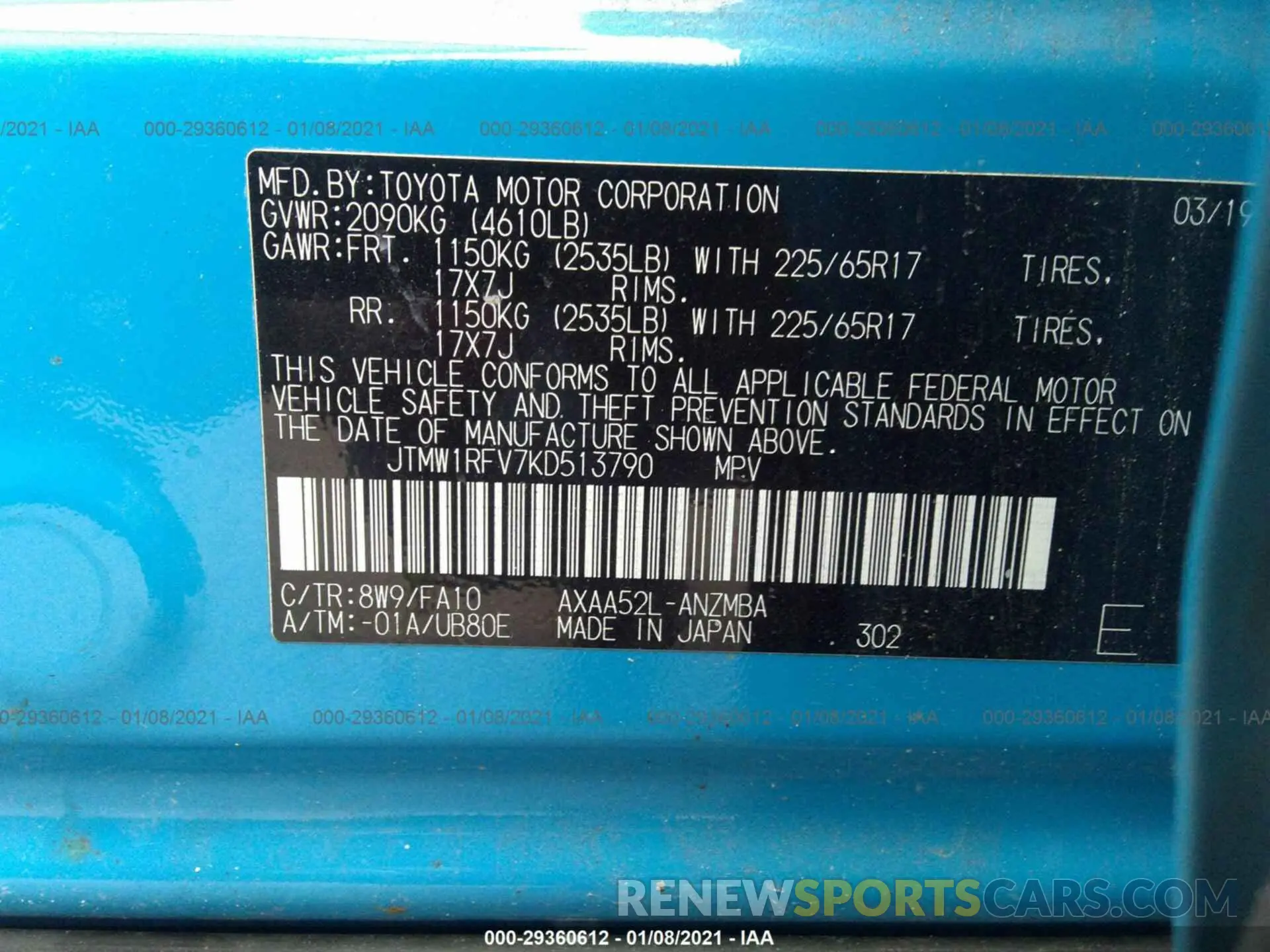 9 Photograph of a damaged car JTMW1RFV7KD513790 TOYOTA RAV4 2019