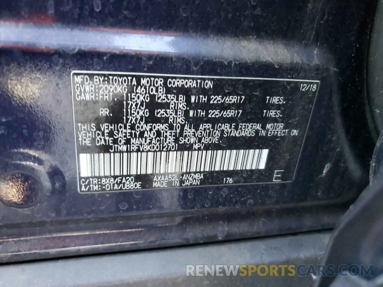 12 Фотография поврежденного автомобиля JTMW1RFV8KD012701 TOYOTA RAV4 2019