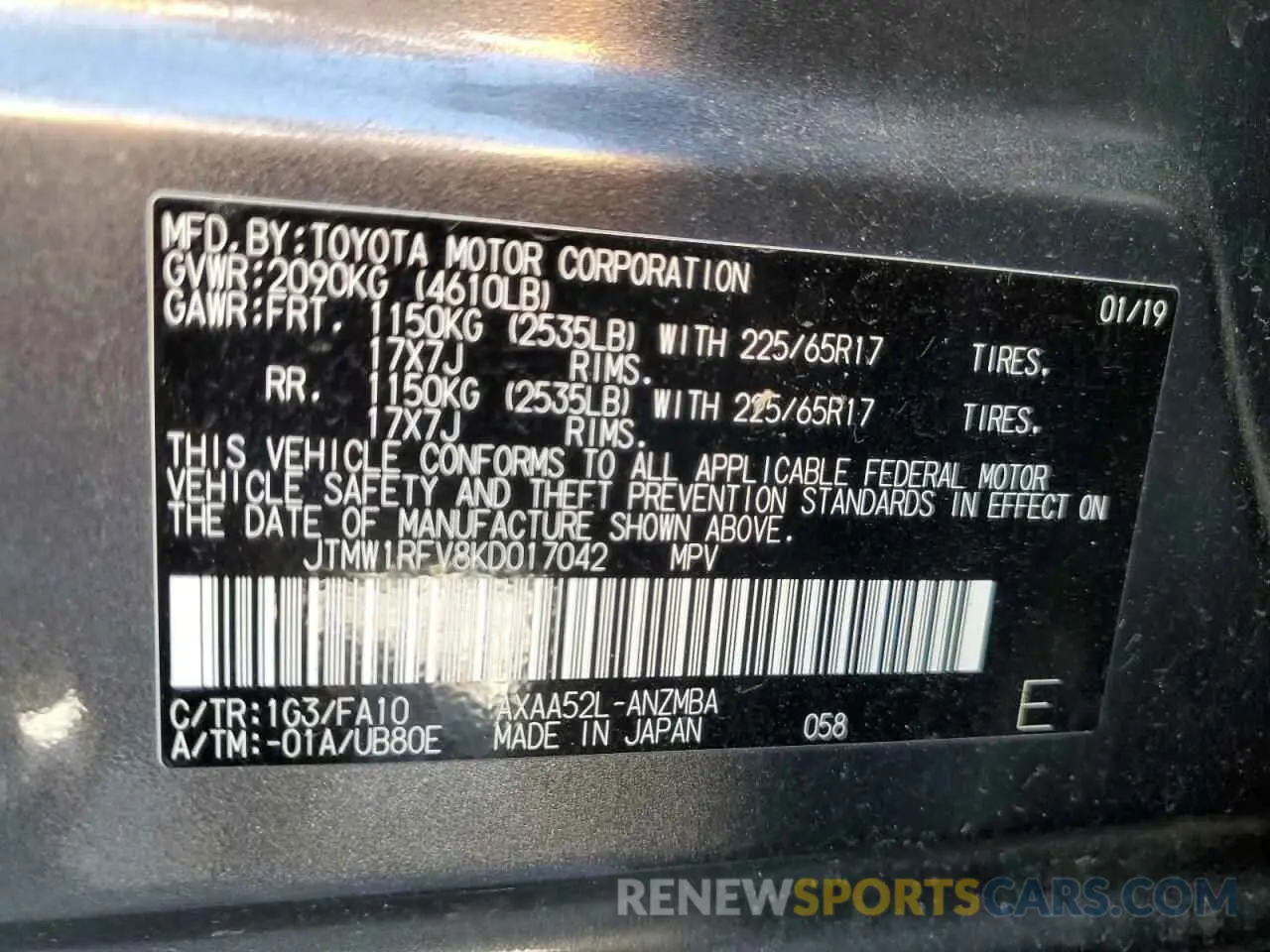 12 Фотография поврежденного автомобиля JTMW1RFV8KD017042 TOYOTA RAV4 2019