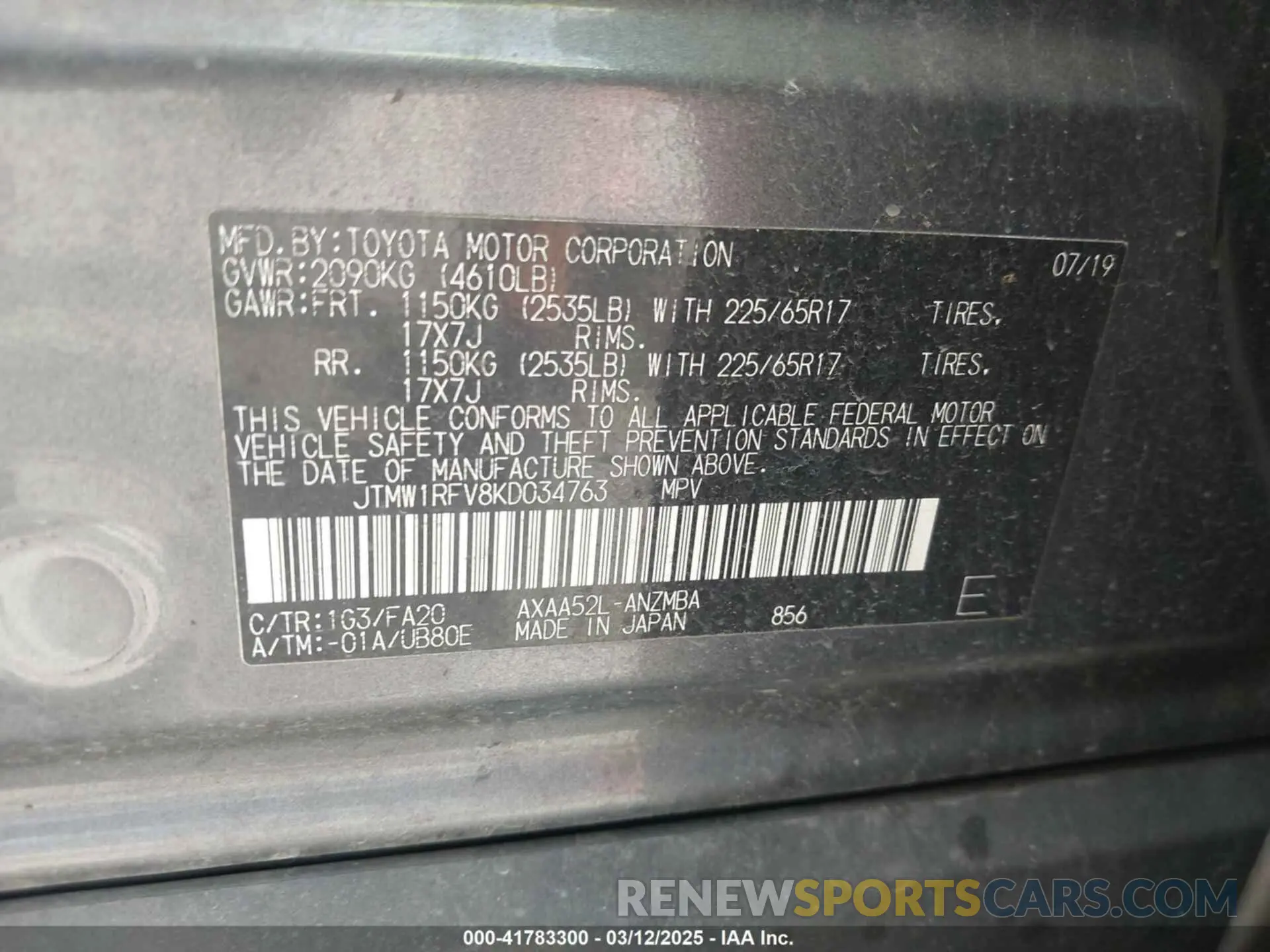 9 Photograph of a damaged car JTMW1RFV8KD034763 TOYOTA RAV4 2019