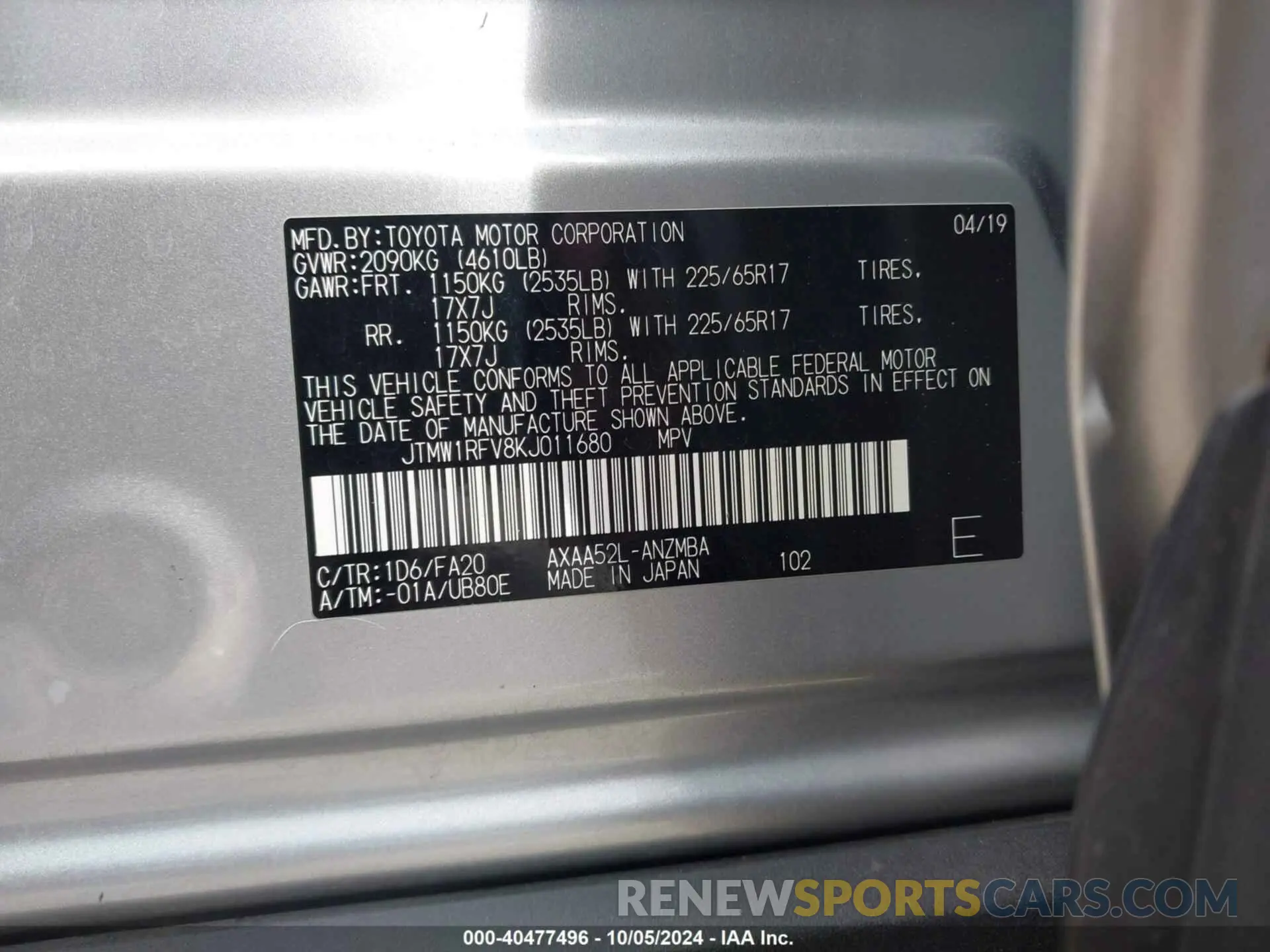 9 Фотография поврежденного автомобиля JTMW1RFV8KJ011680 TOYOTA RAV4 2019