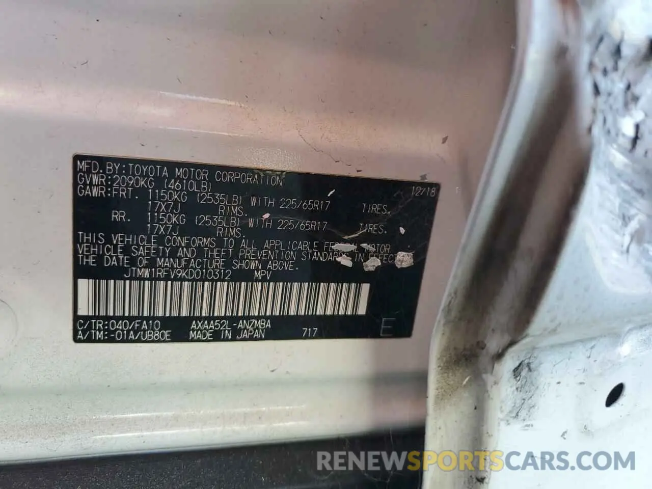 13 Фотография поврежденного автомобиля JTMW1RFV9KD010312 TOYOTA RAV4 2019