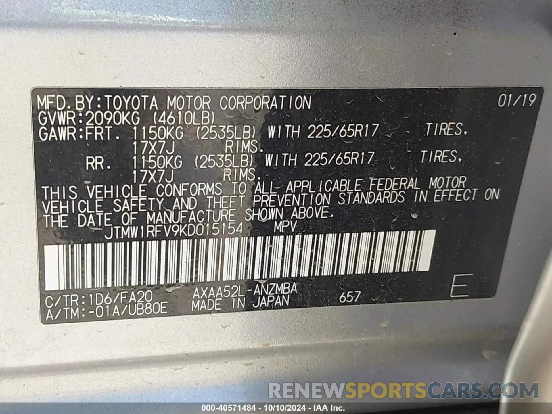 9 Фотография поврежденного автомобиля JTMW1RFV9KD015154 TOYOTA RAV4 2019