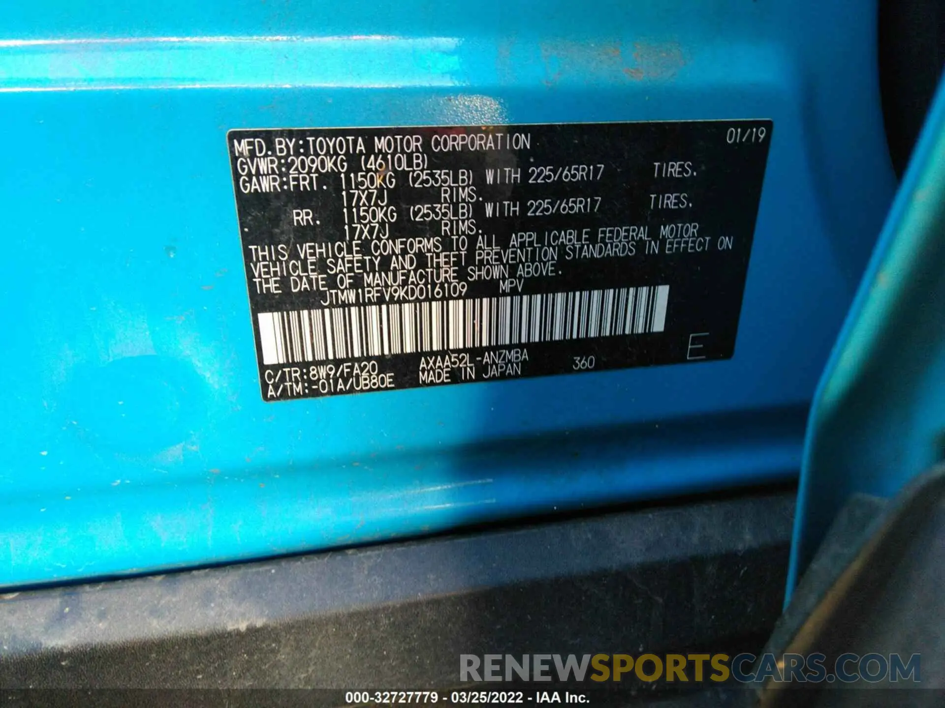 9 Photograph of a damaged car JTMW1RFV9KD016109 TOYOTA RAV4 2019