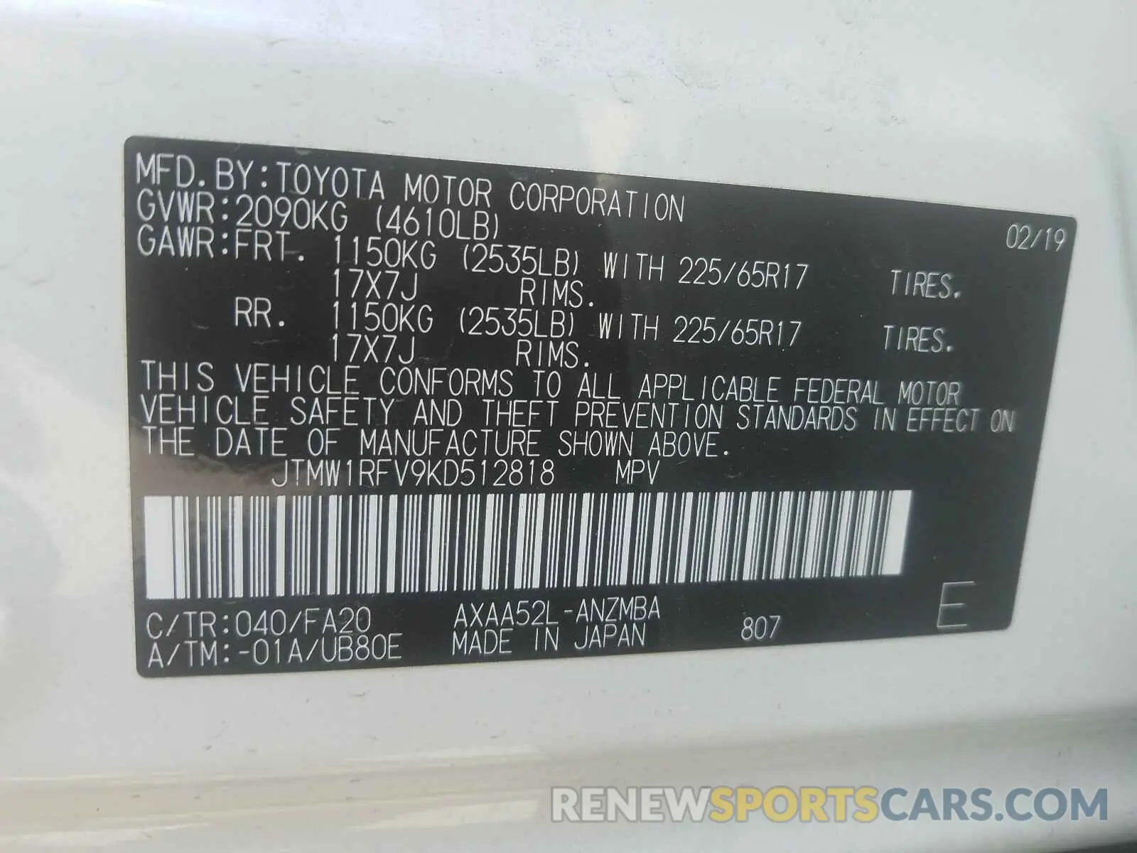 10 Photograph of a damaged car JTMW1RFV9KD512818 TOYOTA RAV4 2019