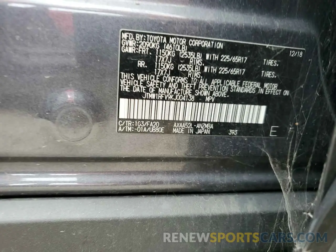 13 Photograph of a damaged car JTMW1RFV9KJ004138 TOYOTA RAV4 2019