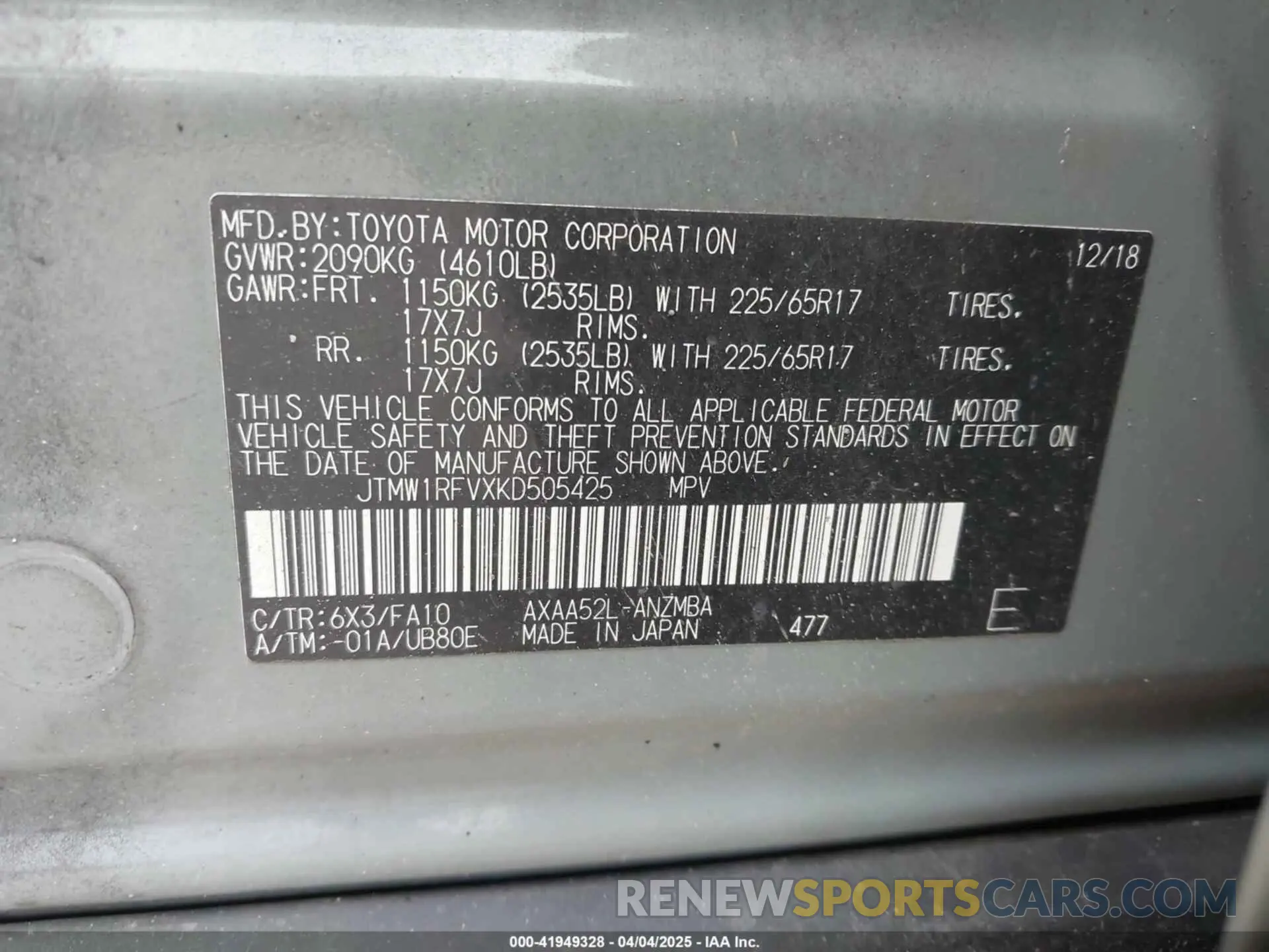 9 Фотография поврежденного автомобиля JTMW1RFVXKD505425 TOYOTA RAV4 2019