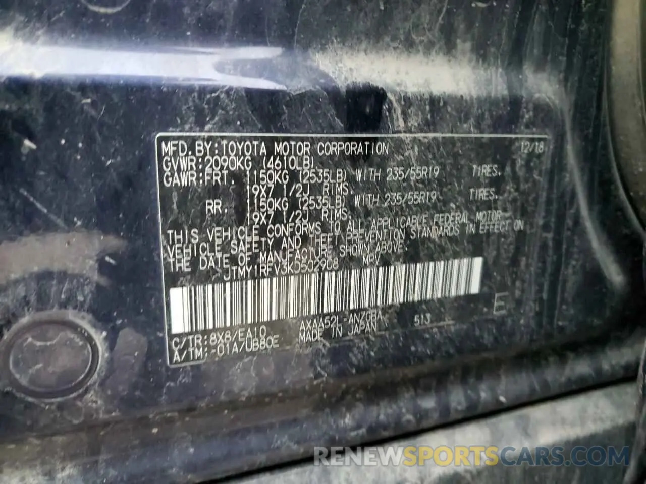 14 Фотография поврежденного автомобиля JTMY1RFV3KD502908 TOYOTA RAV4 2019
