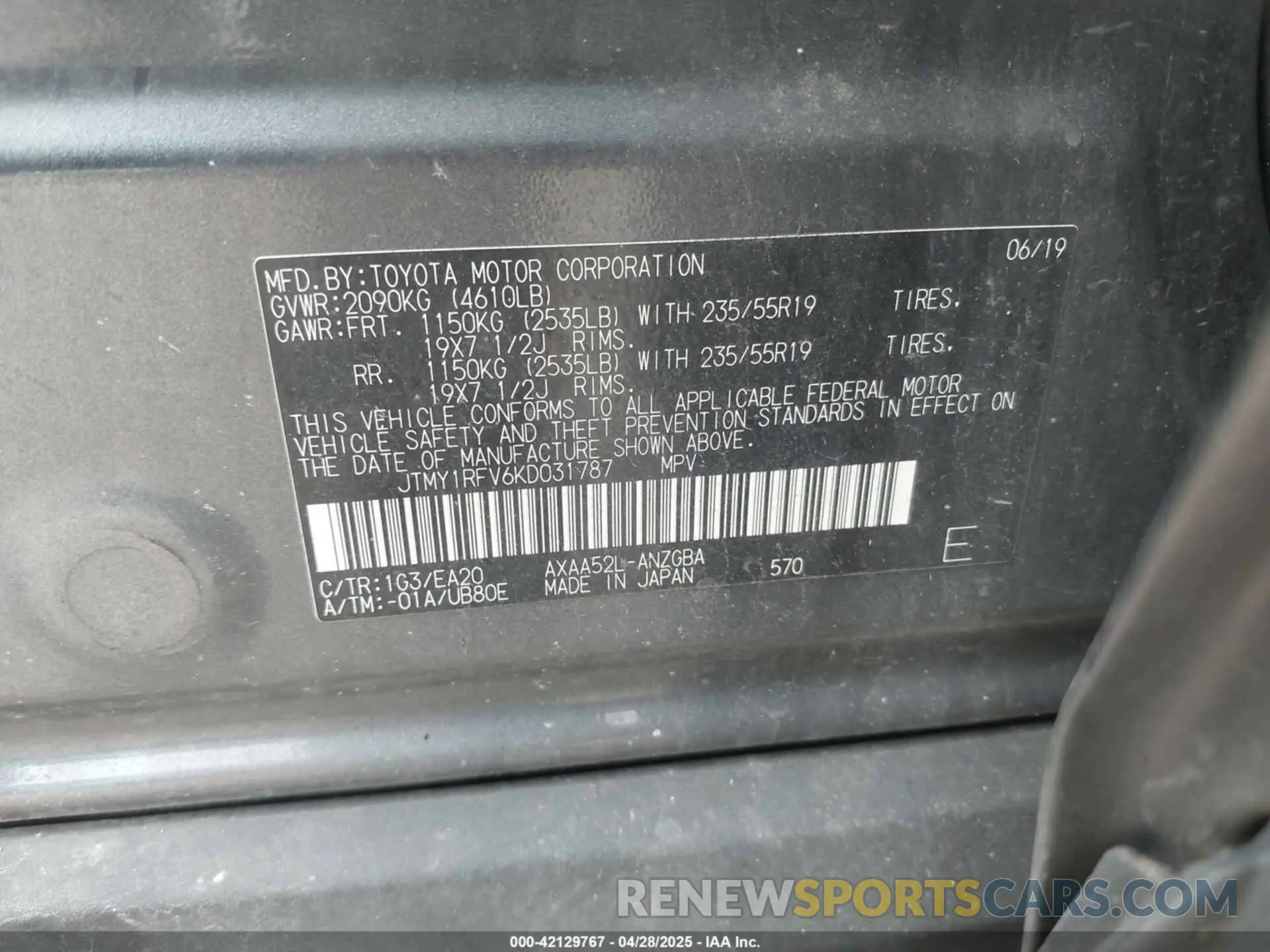 9 Photograph of a damaged car JTMY1RFV6KD031787 TOYOTA RAV4 2019
