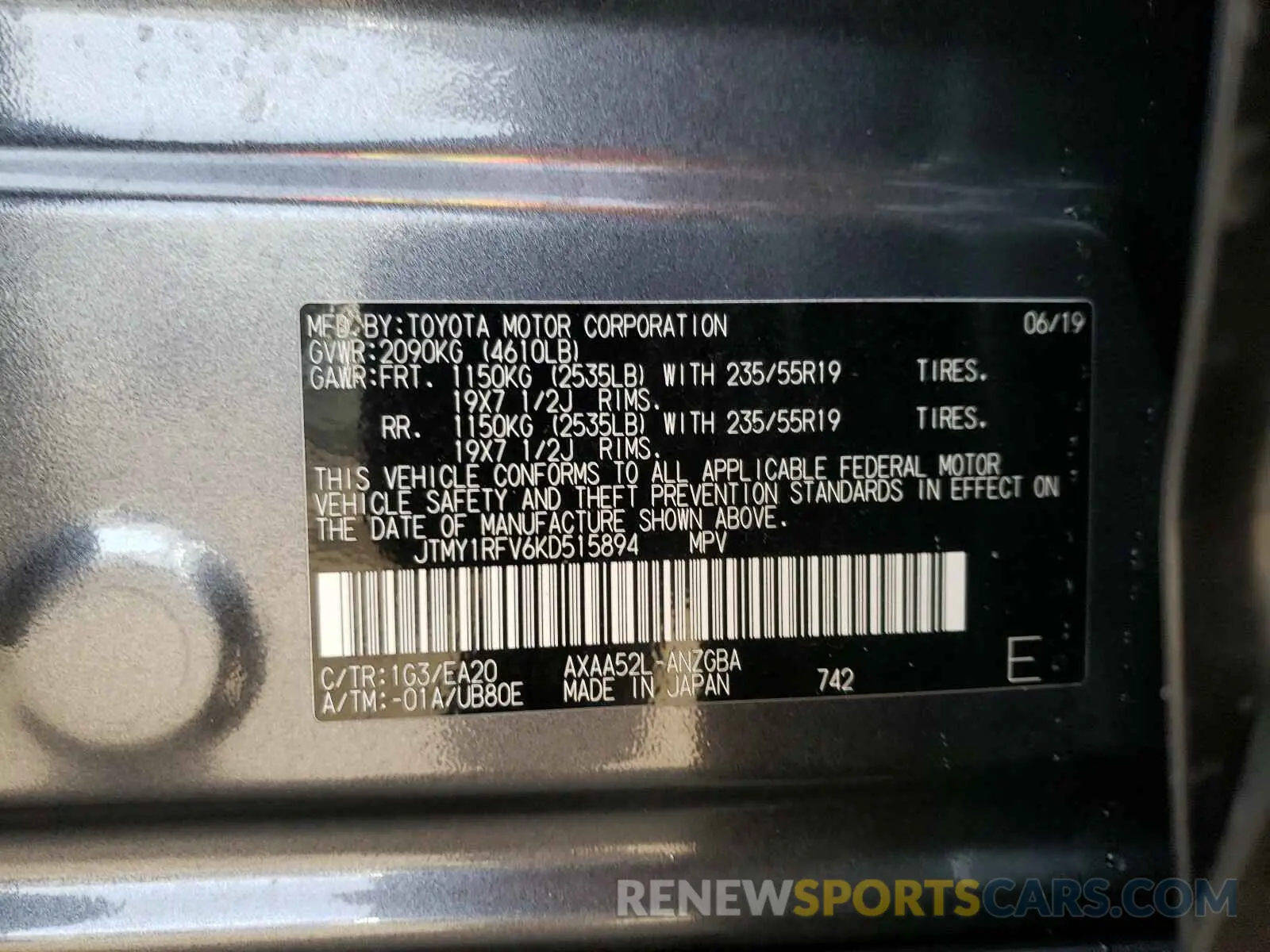 10 Photograph of a damaged car JTMY1RFV6KD515894 TOYOTA RAV4 2019
