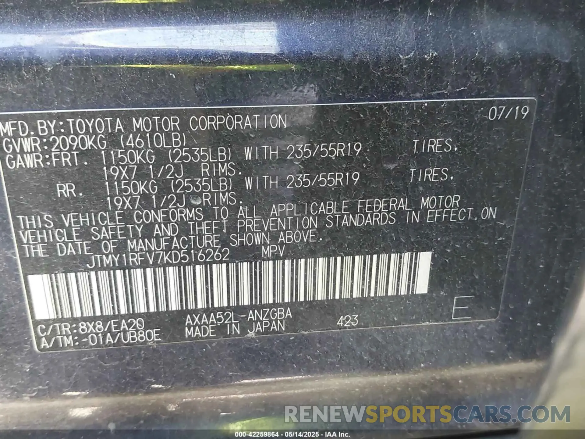 9 Фотография поврежденного автомобиля JTMY1RFV7KD516262 TOYOTA RAV4 2019
