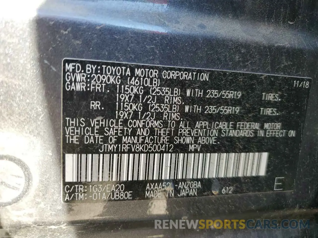 10 Photograph of a damaged car JTMY1RFV8KD500412 TOYOTA RAV4 2019