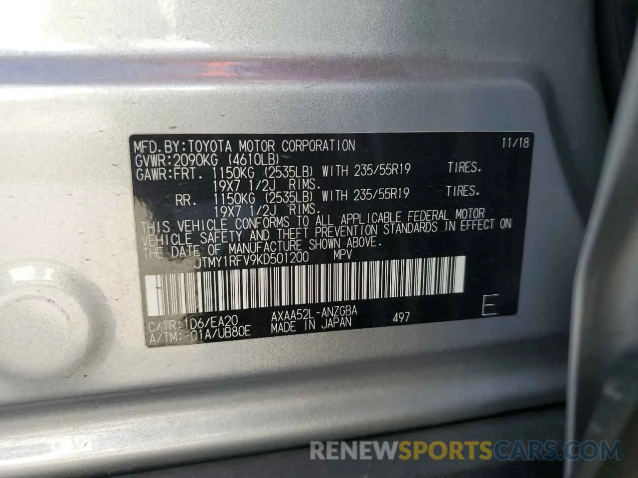 13 Фотография поврежденного автомобиля JTMY1RFV9KD501200 TOYOTA RAV4 2019