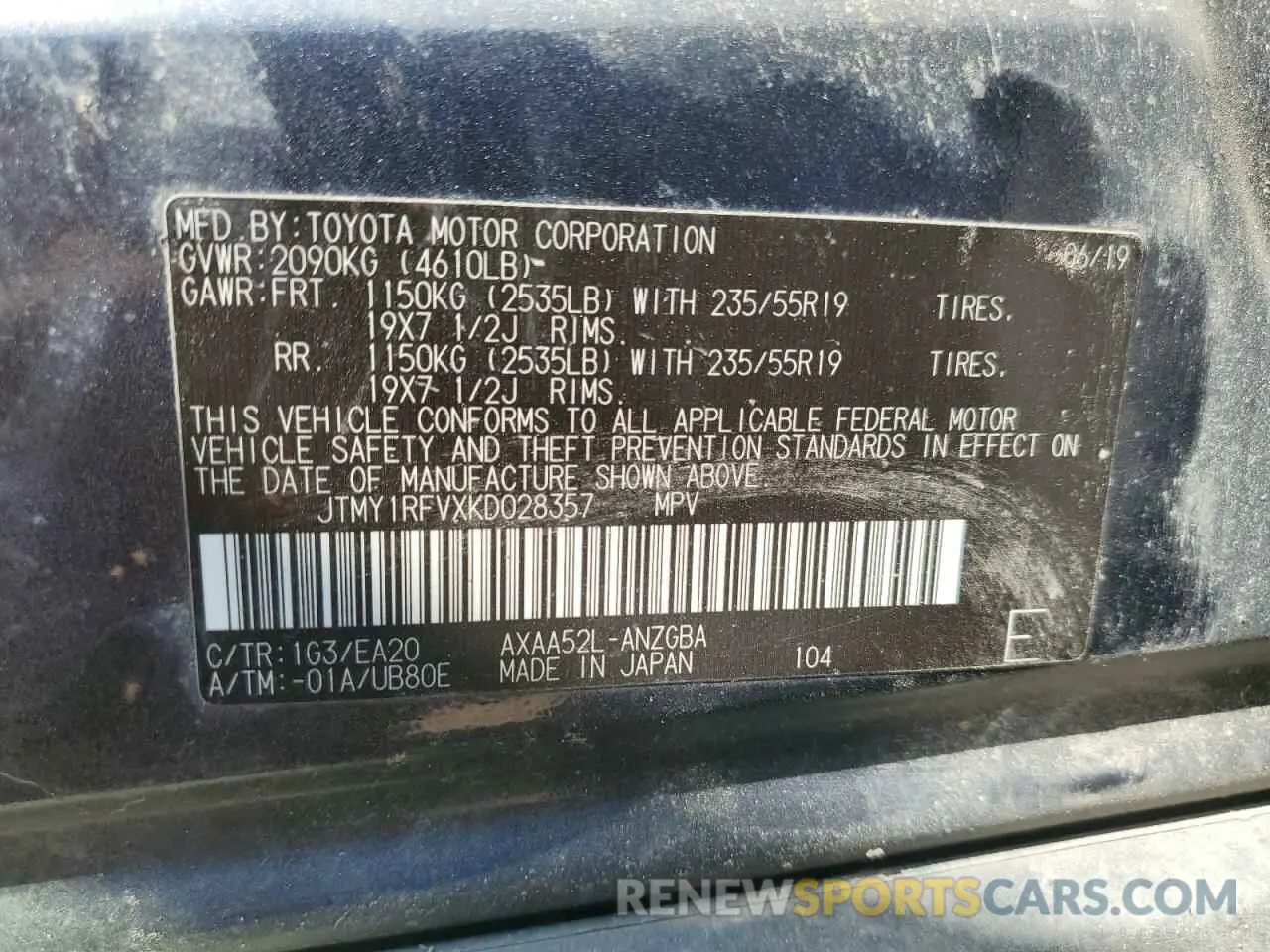 14 Photograph of a damaged car JTMY1RFVXKD028357 TOYOTA RAV4 2019