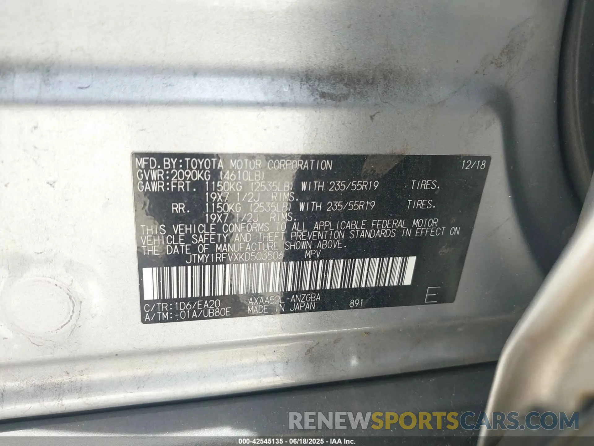 9 Photograph of a damaged car JTMY1RFVXKD503506 TOYOTA RAV4 2019