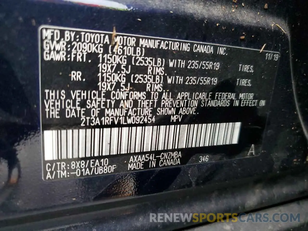 14 Photograph of a damaged car 2T3A1RFV1LW092454 TOYOTA RAV4 2020