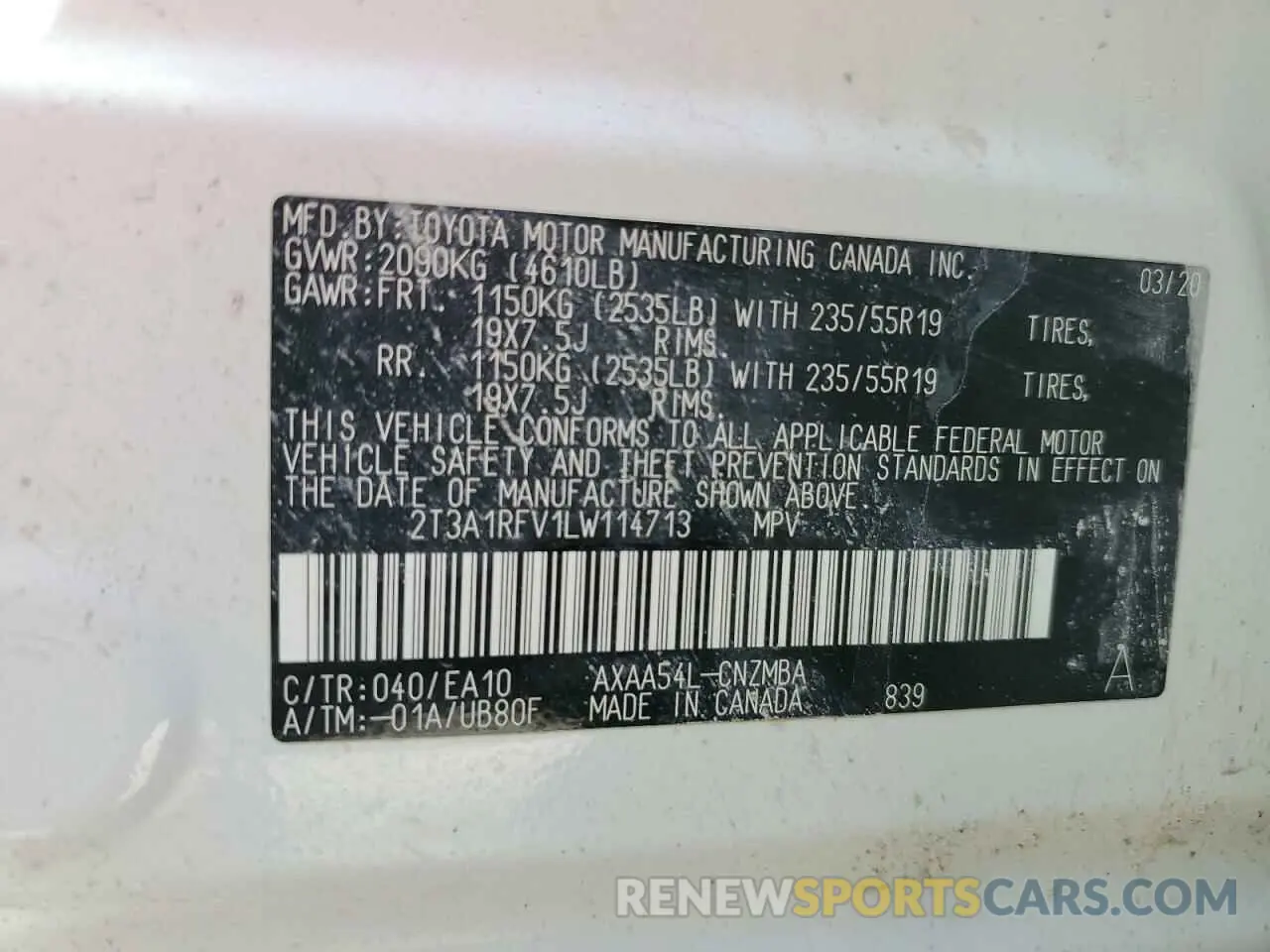 15 Photograph of a damaged car 2T3A1RFV1LW114713 TOYOTA RAV4 2020
