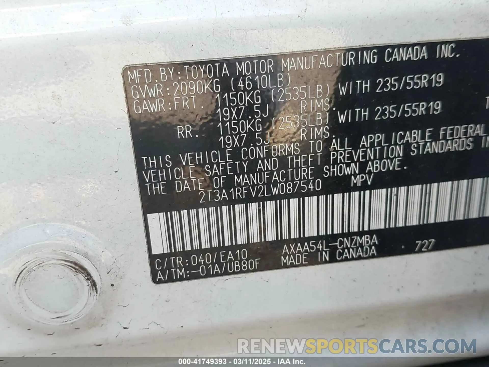 9 Фотография поврежденного автомобиля 2T3A1RFV2LW087540 TOYOTA RAV4 2020