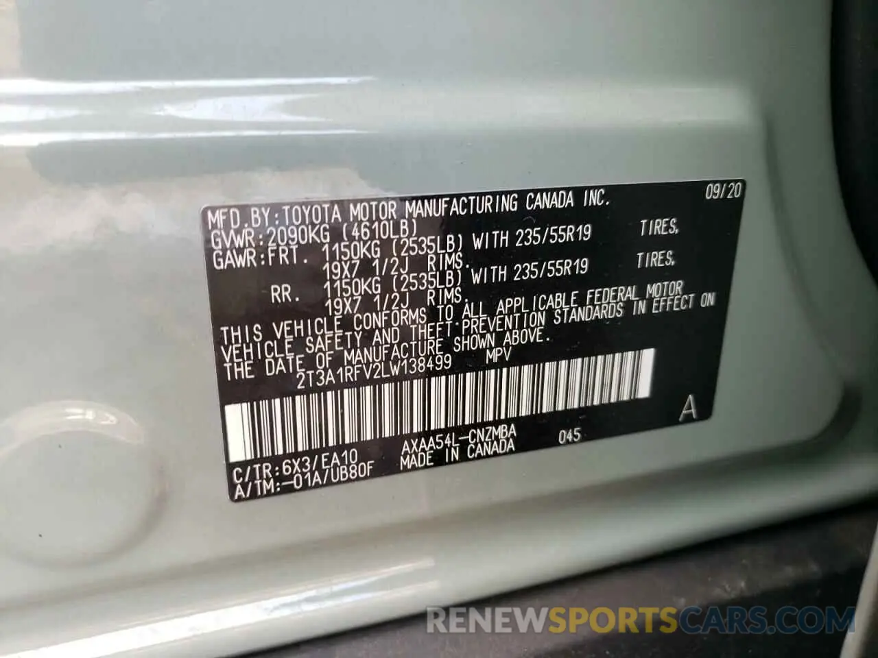 10 Фотография поврежденного автомобиля 2T3A1RFV2LW138499 TOYOTA RAV4 2020