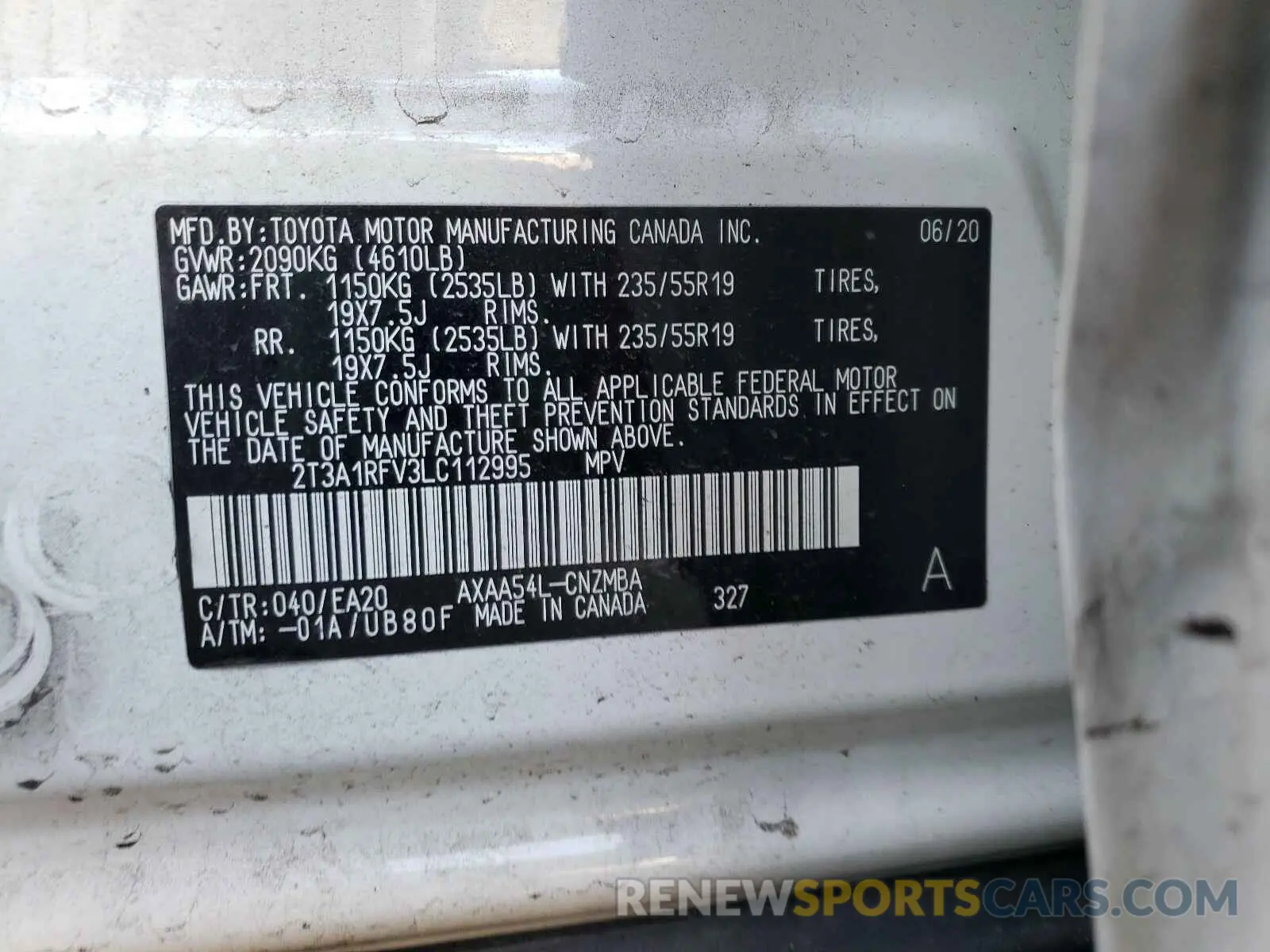 10 Photograph of a damaged car 2T3A1RFV3LC112995 TOYOTA RAV4 2020