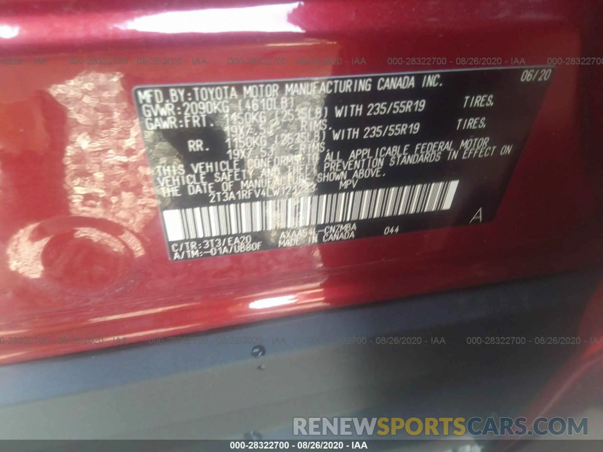 9 Photograph of a damaged car 2T3A1RFV4LW121283 TOYOTA RAV4 2020