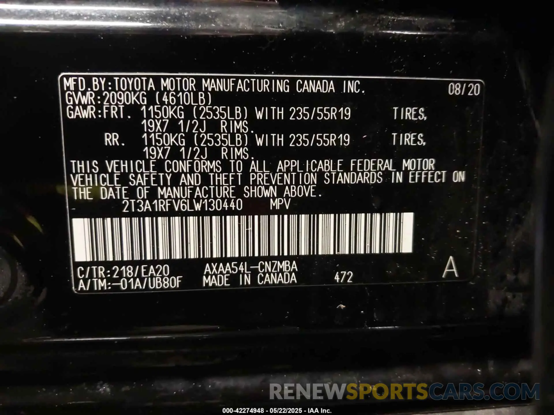 9 Фотография поврежденного автомобиля 2T3A1RFV6LW130440 TOYOTA RAV4 2020