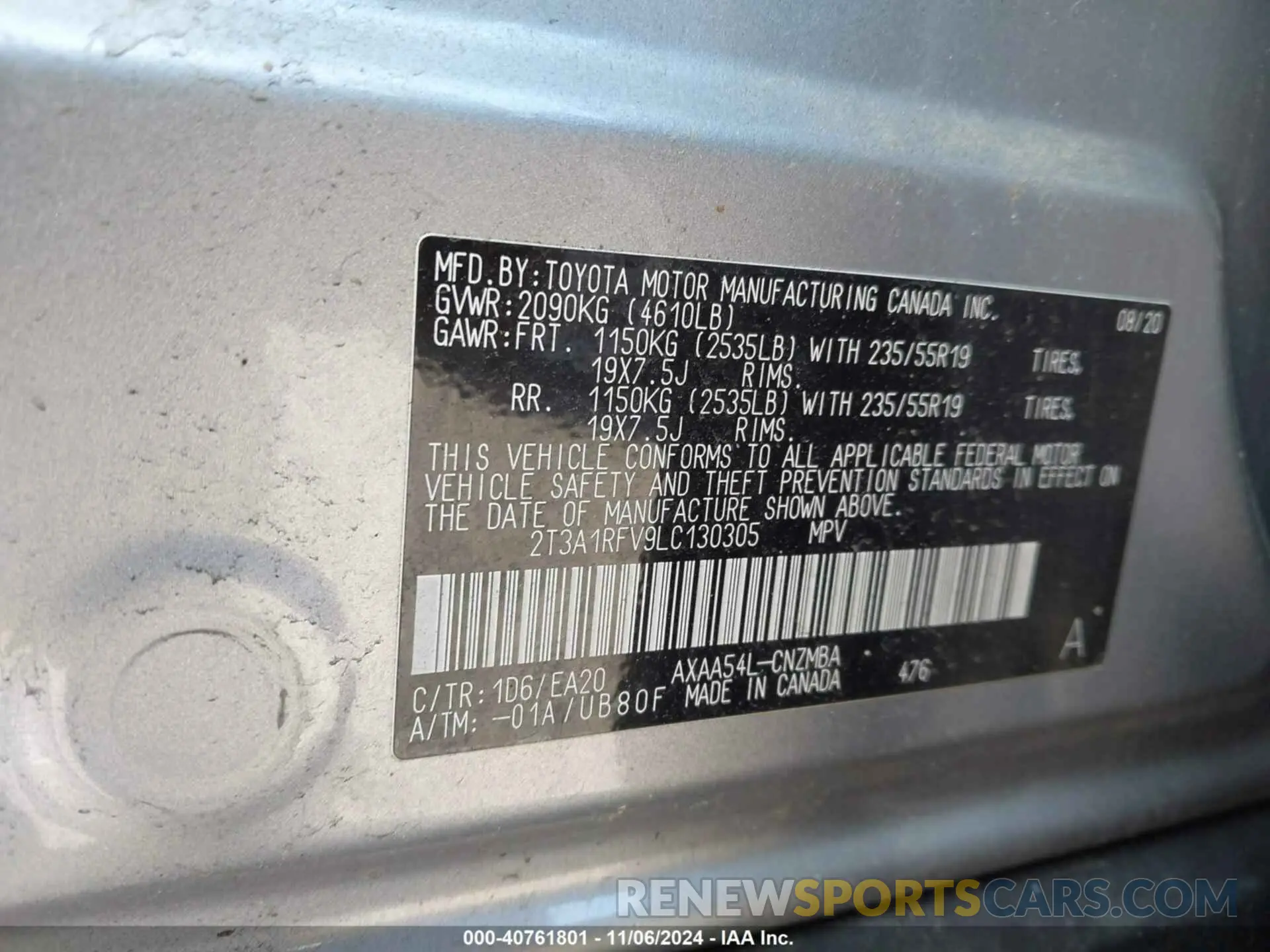 9 Photograph of a damaged car 2T3A1RFV9LC130305 TOYOTA RAV4 2020