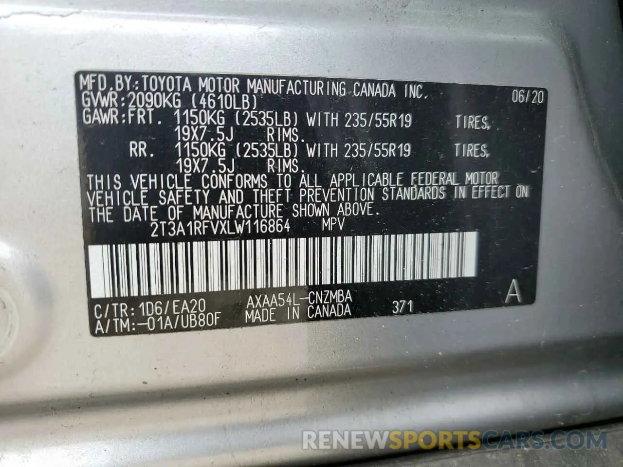 13 Фотография поврежденного автомобиля 2T3A1RFVXLW116864 TOYOTA RAV4 2020