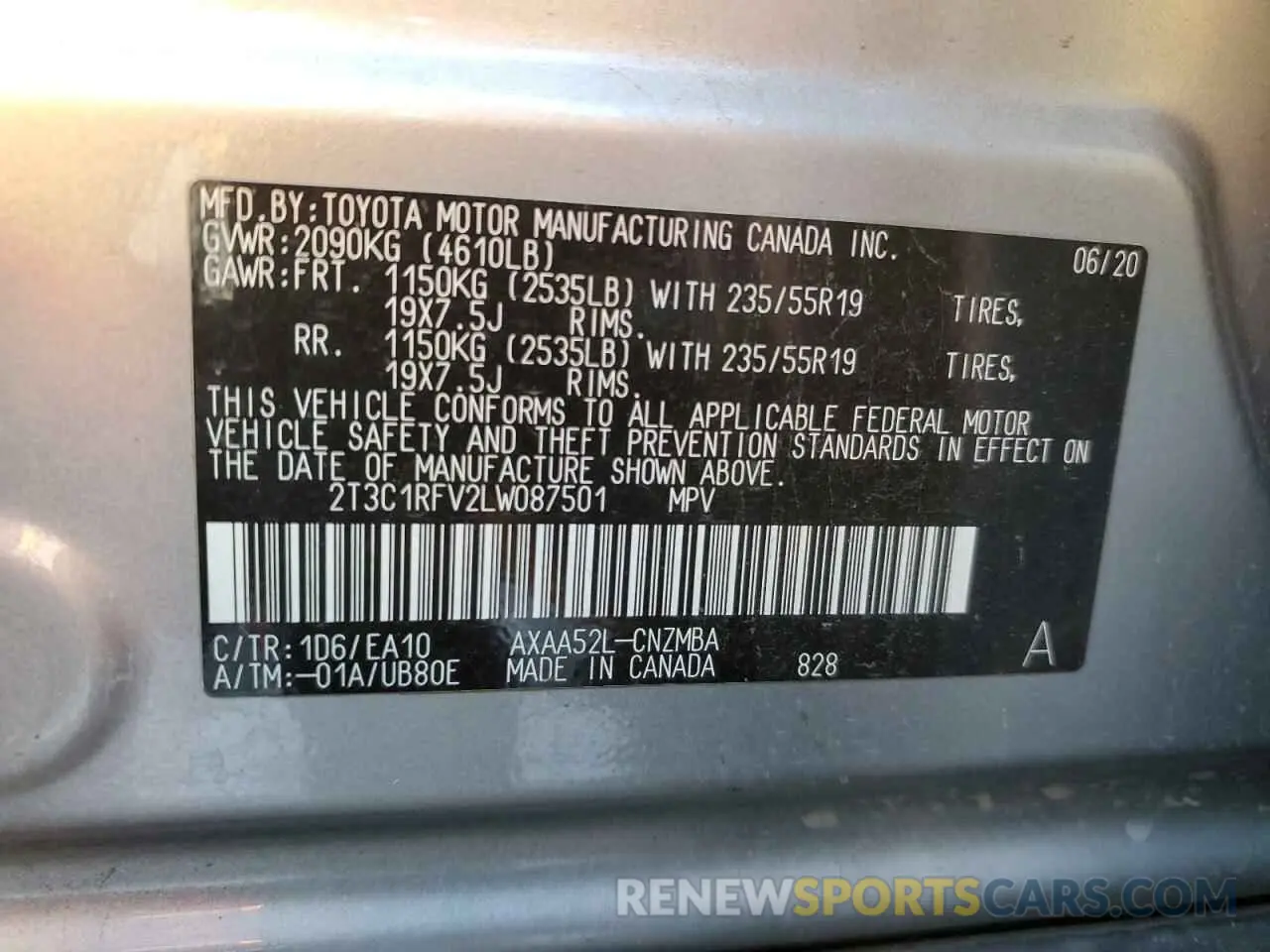 13 Фотография поврежденного автомобиля 2T3C1RFV2LW087501 TOYOTA RAV4 2020