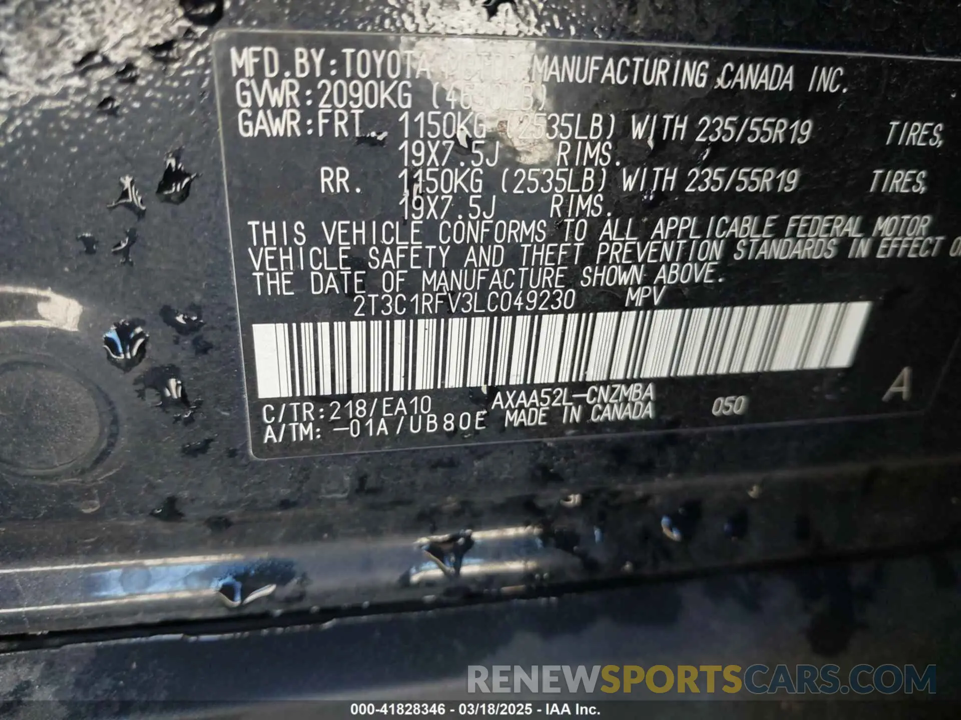 9 Photograph of a damaged car 2T3C1RFV3LC049230 TOYOTA RAV4 2020