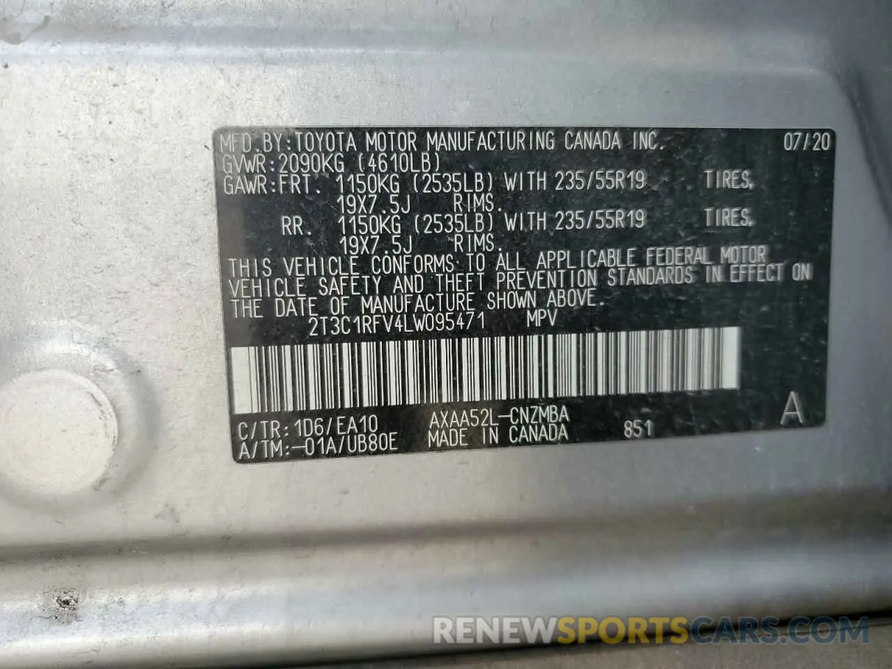 13 Фотография поврежденного автомобиля 2T3C1RFV4LW095471 TOYOTA RAV4 2020